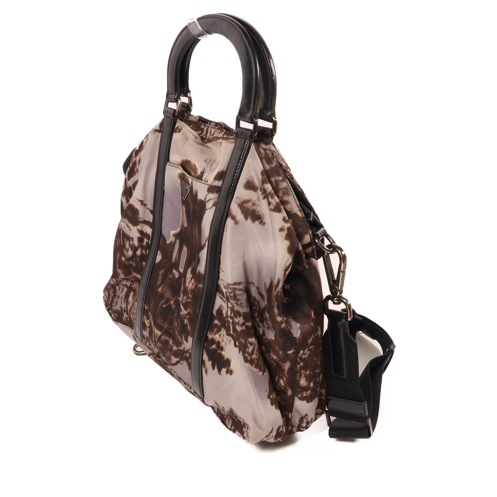 PRADA 尼龍2 Way Shoulder銀扣手挽肩背兩用袋啡色