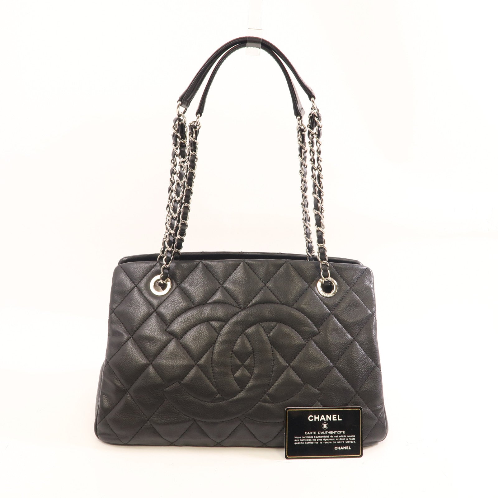 CHANEL 菱格牛皮皮革Shoulder Tote銀扣鏈帶肩背袋黑色