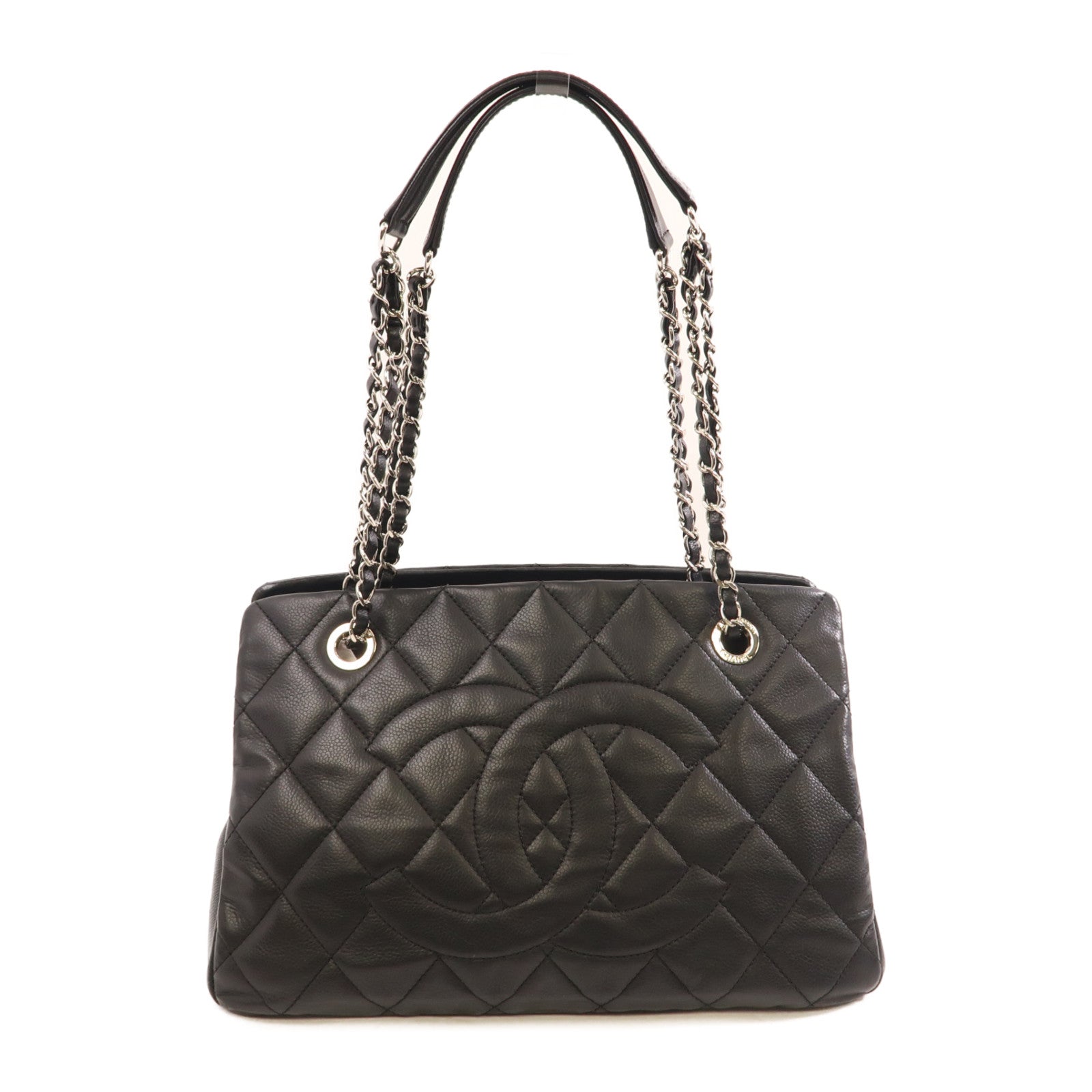 CHANEL 菱格牛皮皮革Shoulder Tote銀扣鏈帶肩背袋黑色