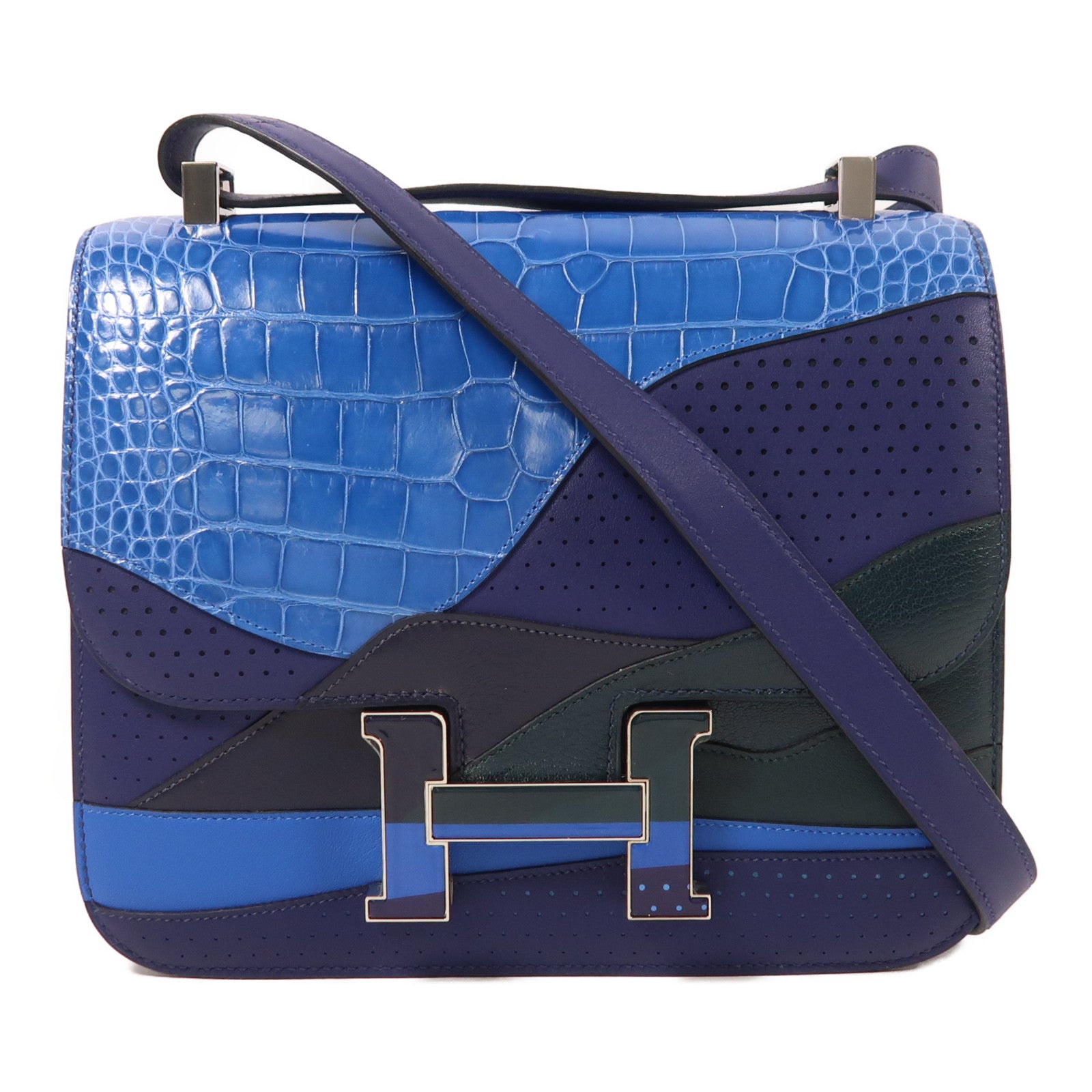 HERMES 鱷魚皮革/蜥蝪皮革/Swift皮革Constance 24銀扣肩背袋Lizard Blue Encre/Blue Zellige/Vert Cypress/Blue Nuit/Bleu de Malte