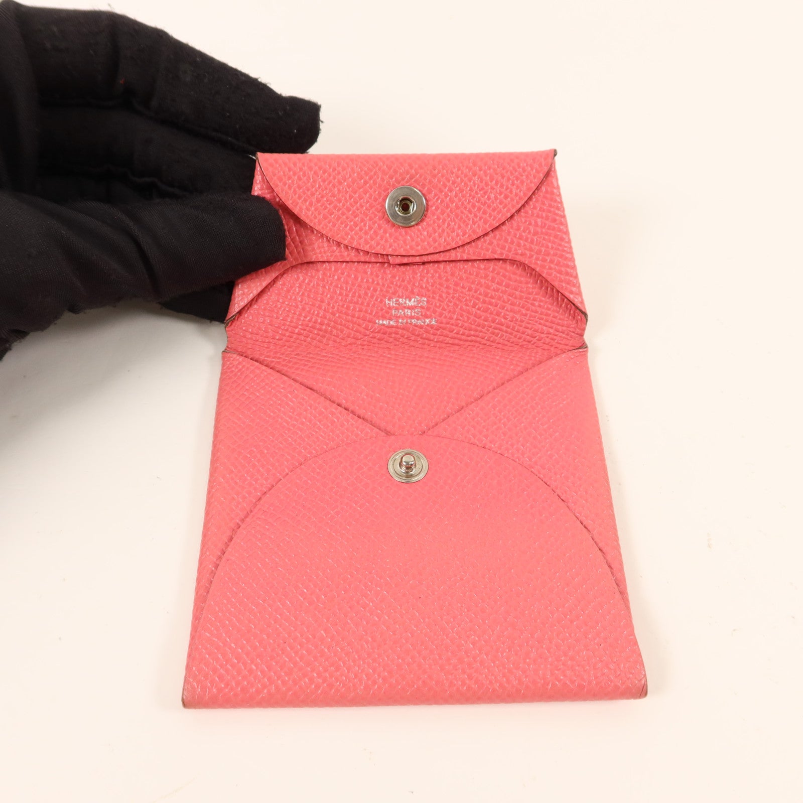 HERMES Epsom皮革Bastia銀扣零錢包Rose Lipstick