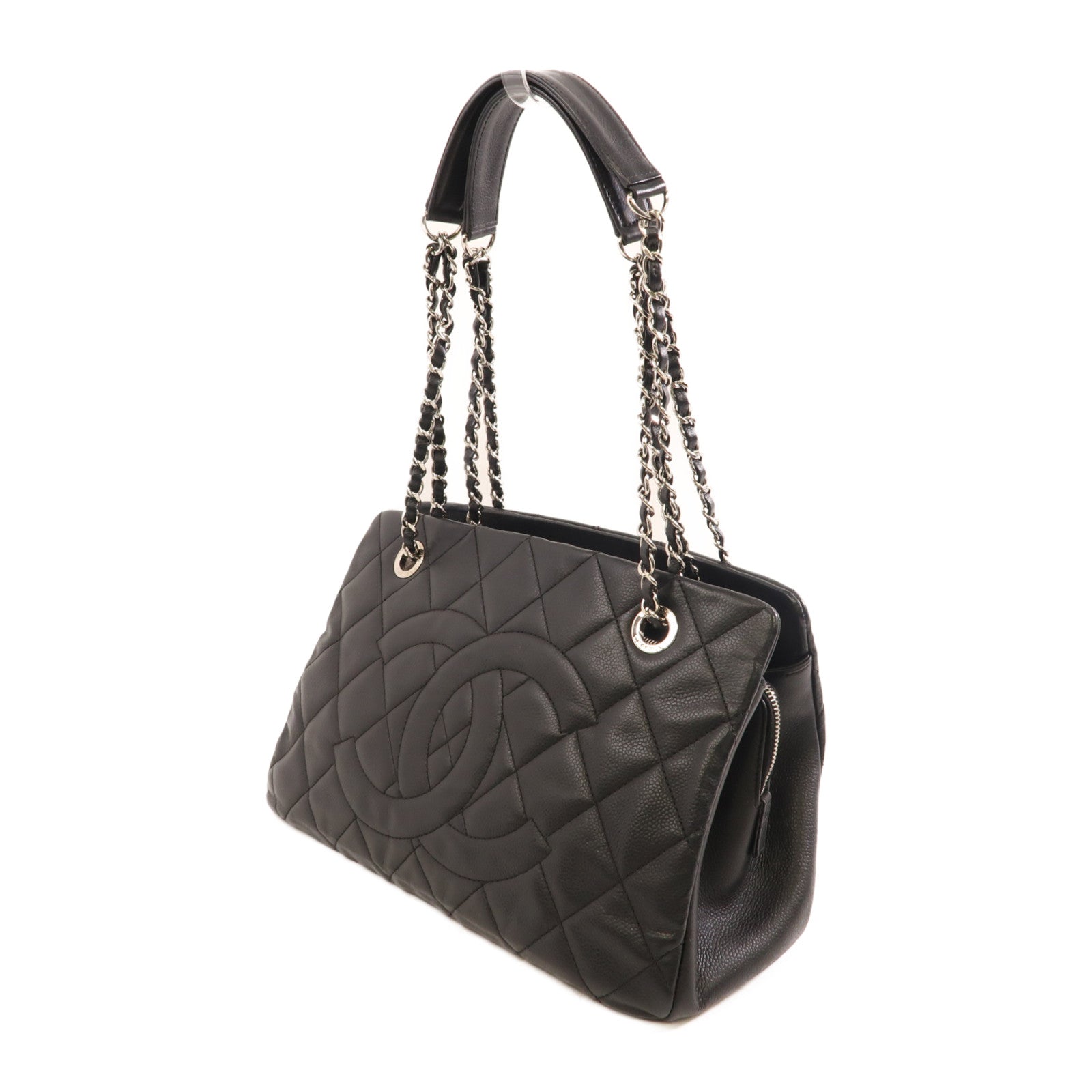 CHANEL 菱格牛皮皮革Shoulder Tote銀扣鏈帶肩背袋黑色