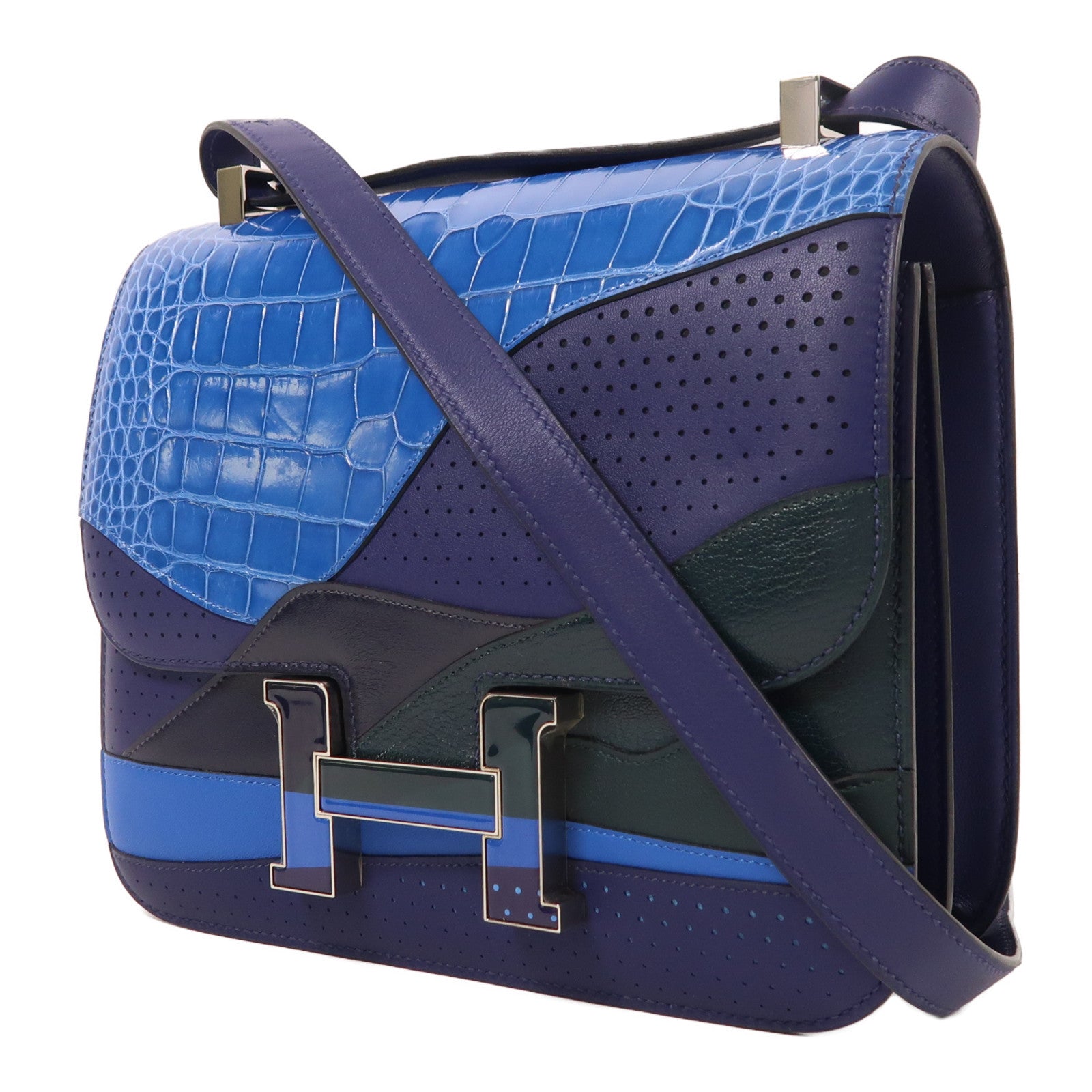 HERMES 鱷魚皮革/蜥蝪皮革/Swift皮革Constance 24銀扣肩背袋Lizard Blue Encre/Blue Zellige/Vert Cypress/Blue Nuit/Bleu de Malte