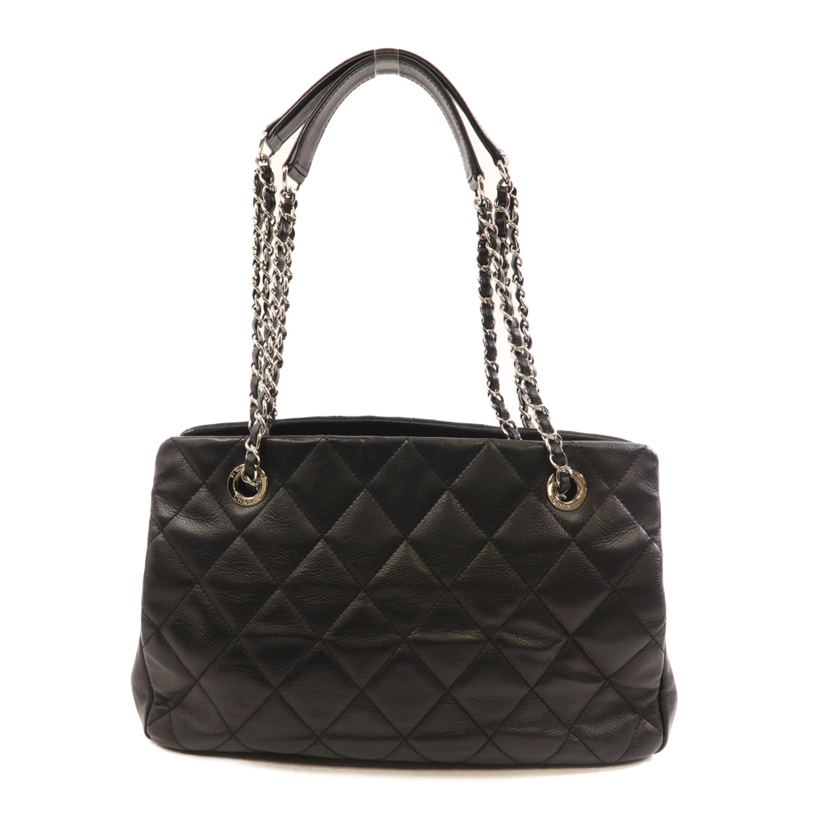CHANEL 菱格牛皮皮革Shoulder Tote銀扣鏈帶肩背袋黑色