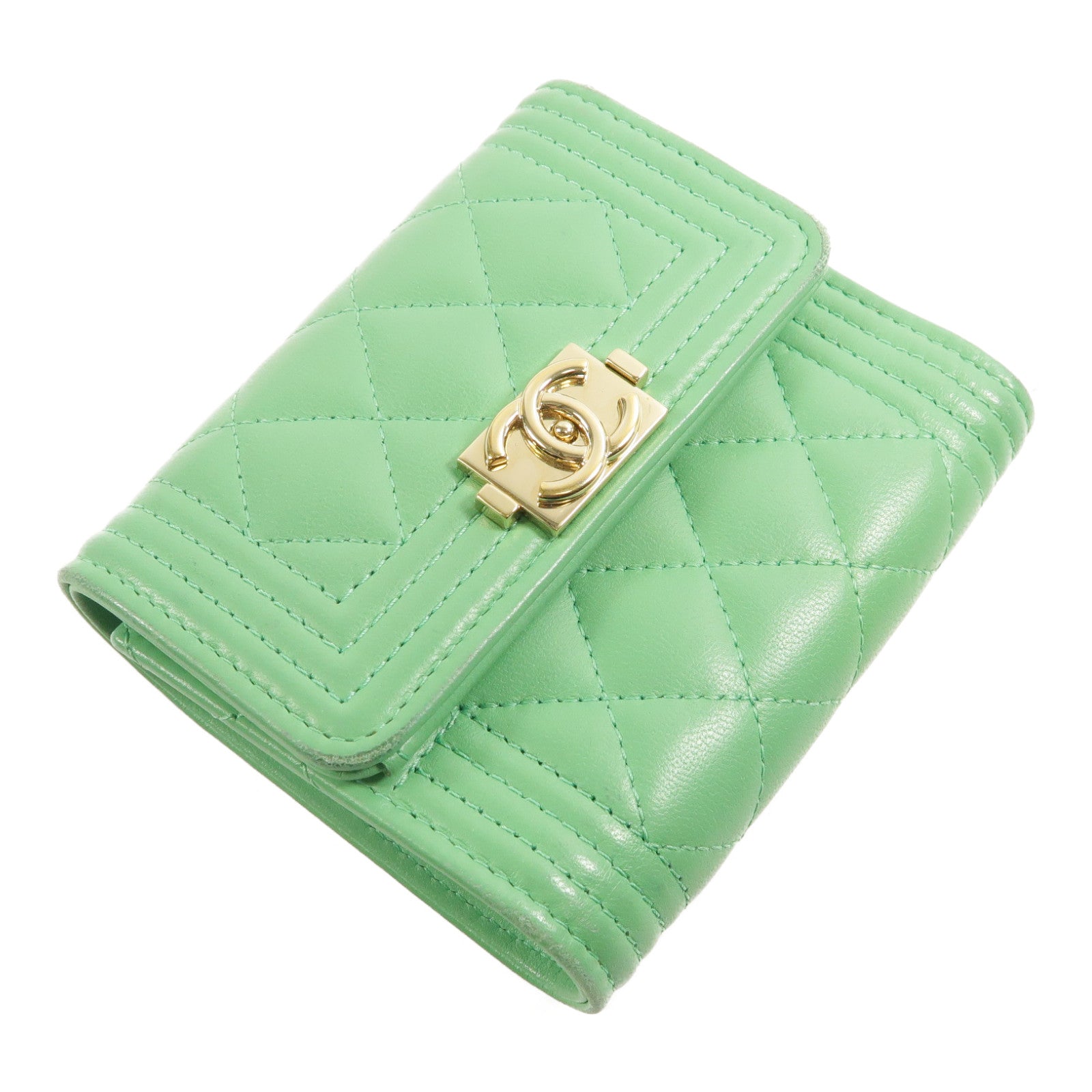 CHANEL 羊皮皮革Boy Fold Wallet金扣錢包