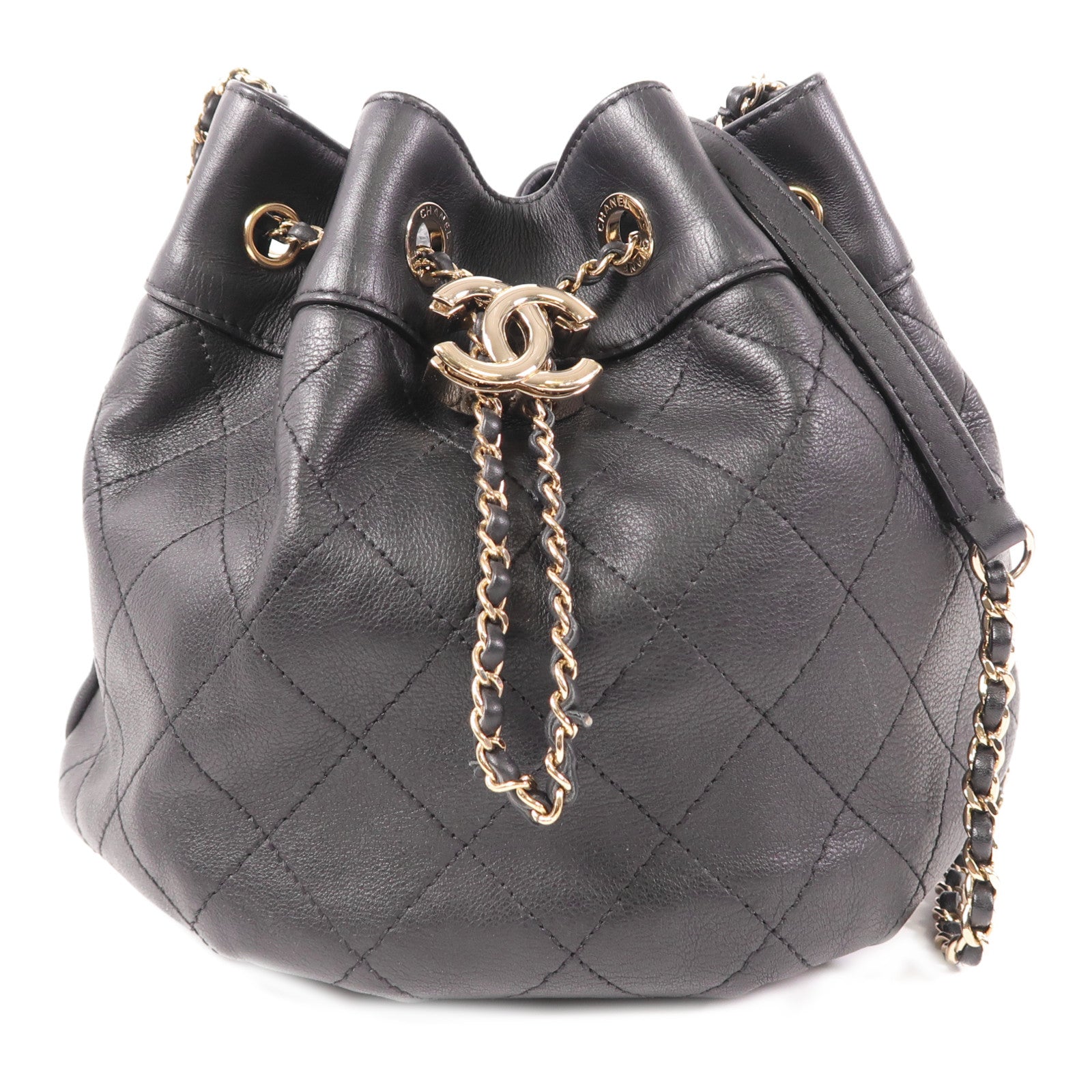 CHANEL 牛皮皮革Drawstring Bucket金扣鏈帶肩背袋