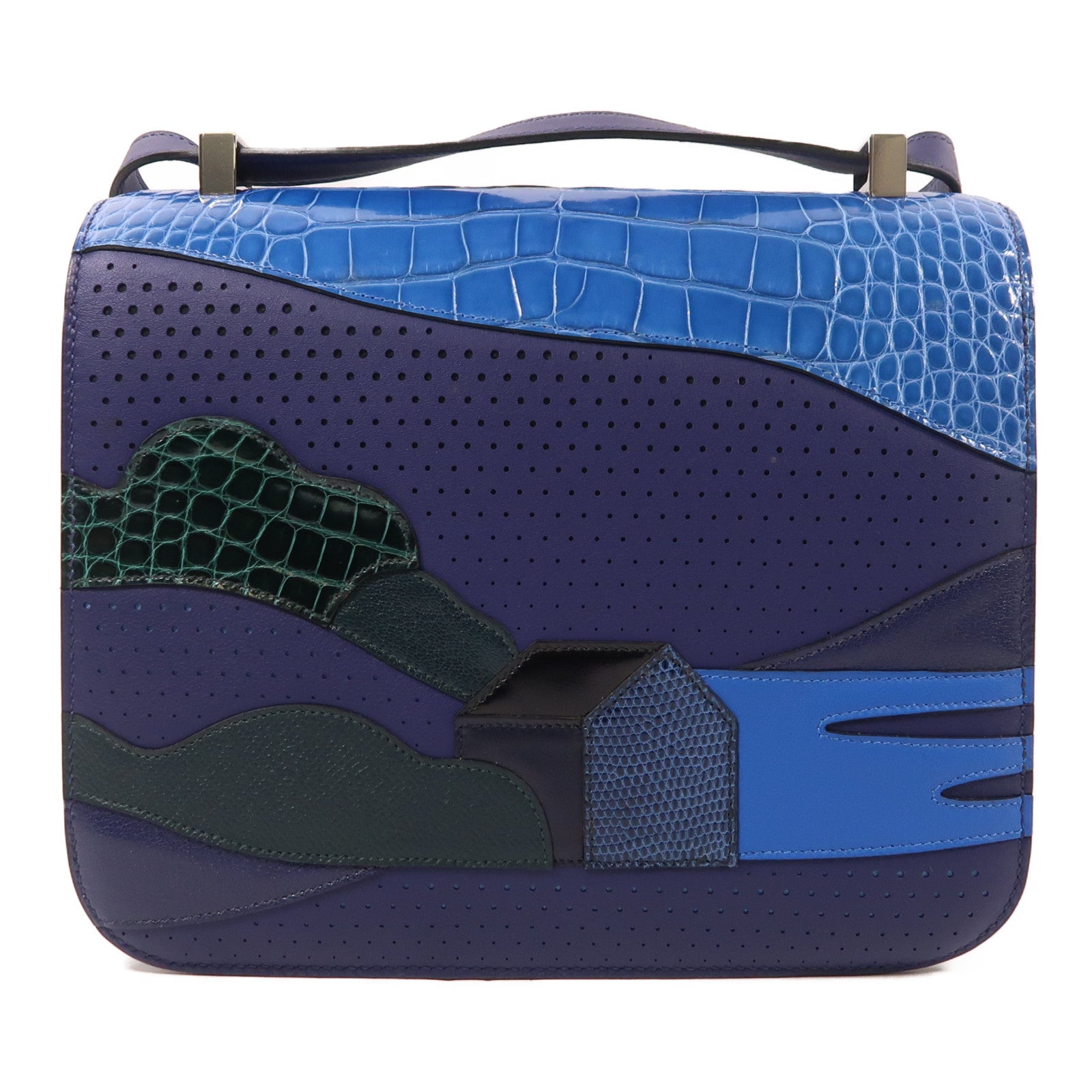 HERMES 鱷魚皮革/蜥蝪皮革/Swift皮革Constance 24銀扣肩背袋Lizard Blue Encre/Blue Zellige/Vert Cypress/Blue Nuit/Bleu de Malte