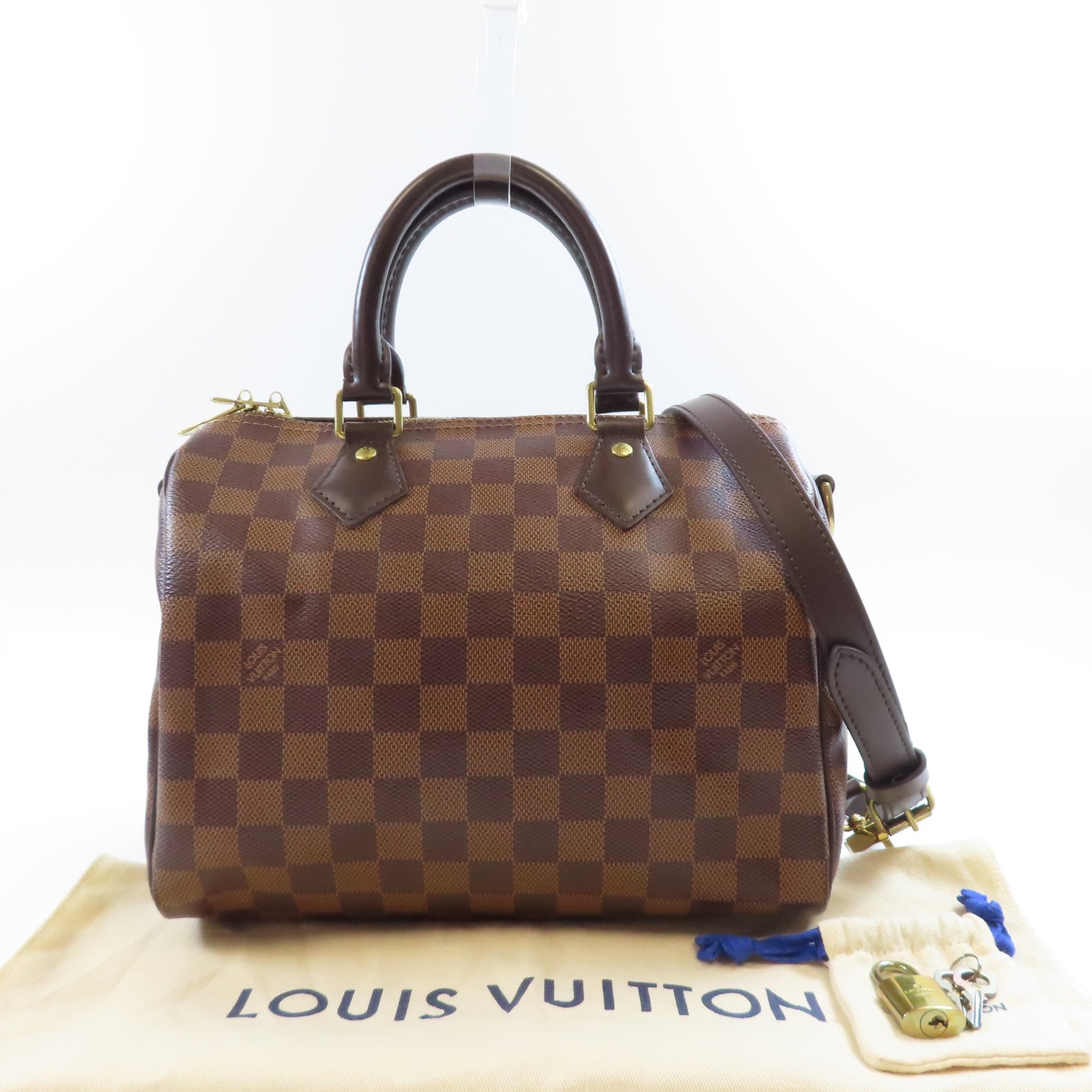 LOUIS VUITTON Damier Speedy Bandouliere 25金扣手挽肩背兩用袋棕色