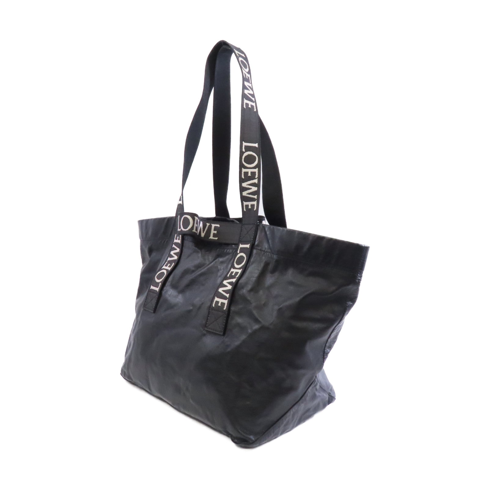 LOEWE 牛皮皮革Fold Shopper銀扣肩背袋黑色