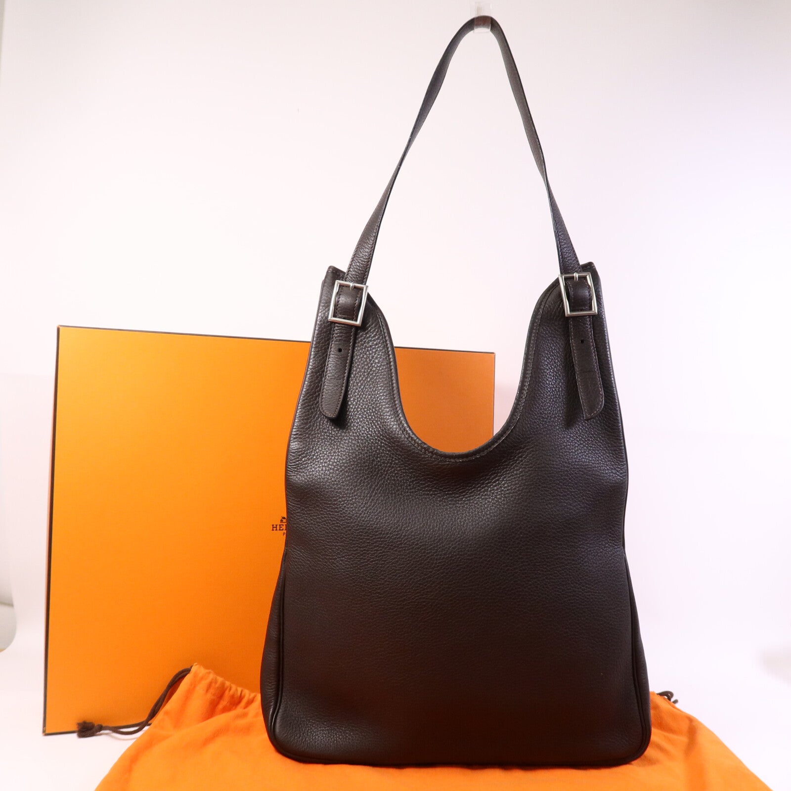 HERMES Togo皮革Massai銀扣肩背袋Chocolate