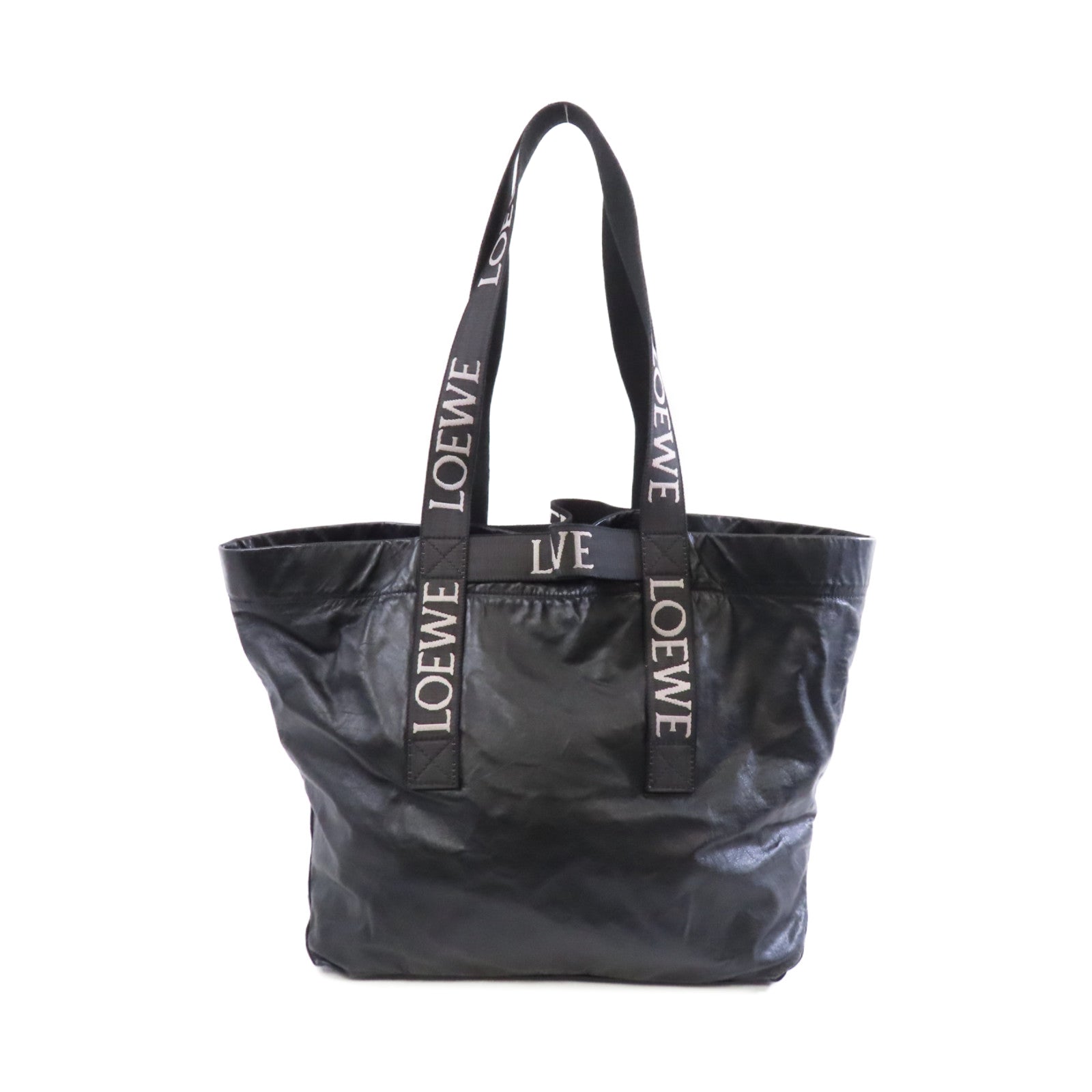 LOEWE 牛皮皮革Fold Shopper銀扣肩背袋黑色