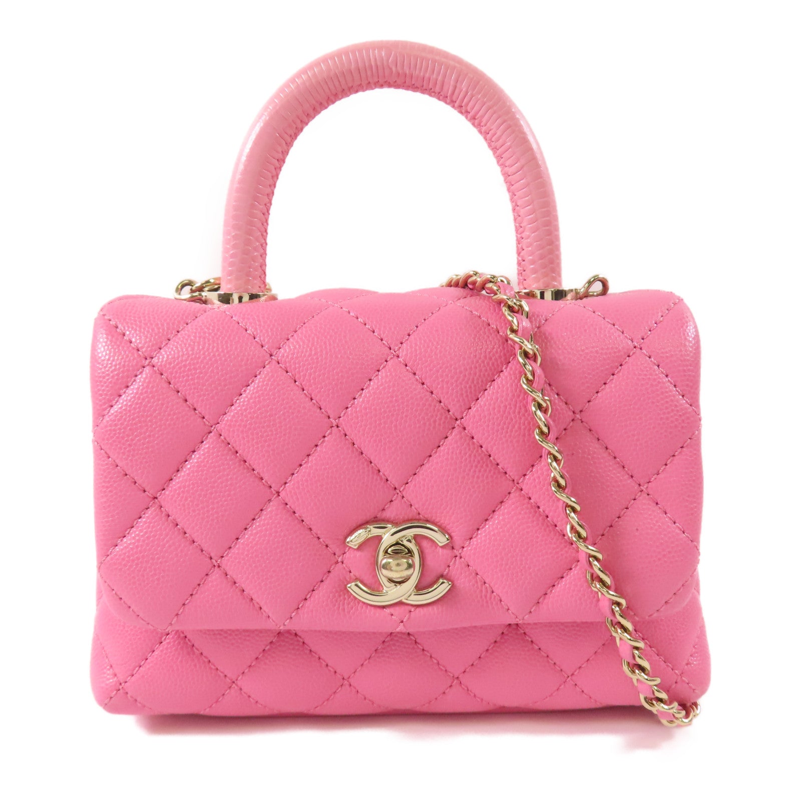 CHANEL 牛皮皮革Mini Coco Handle金扣鏈帶手挽肩背兩用袋