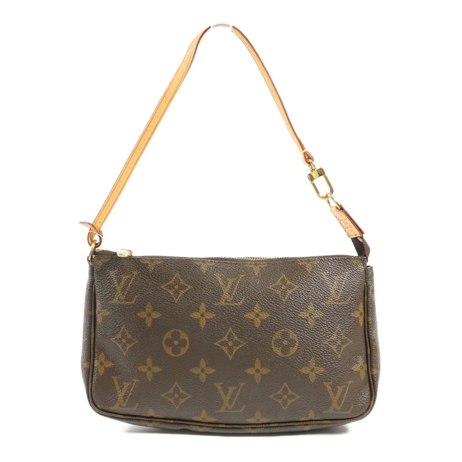 LOUIS VUITTON Monogram Pochette Accessoires金扣手挽袋棕色