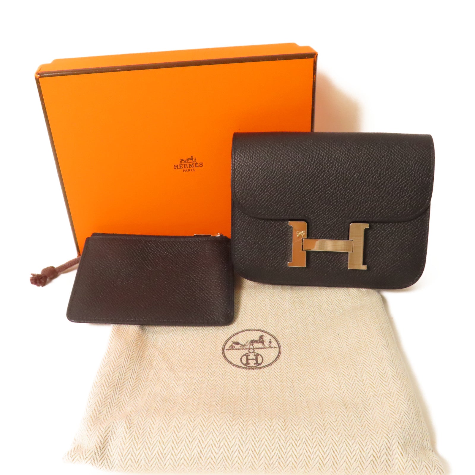 HERMES Epsom皮革Constance Slim銀扣錢包黑色