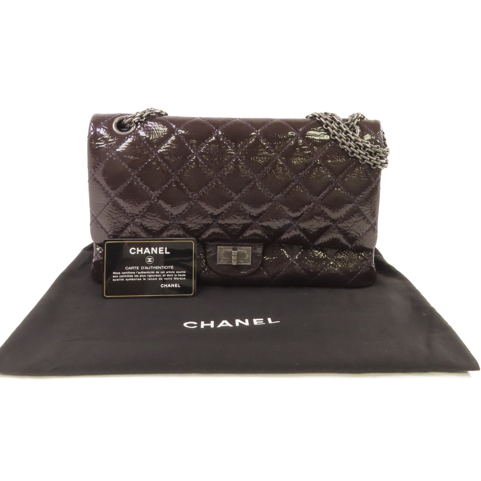 CHANEL 【激減優惠】菱格漆皮皮革2.55 Chain Shoulder Bag銀扣鏈帶肩背袋紫色