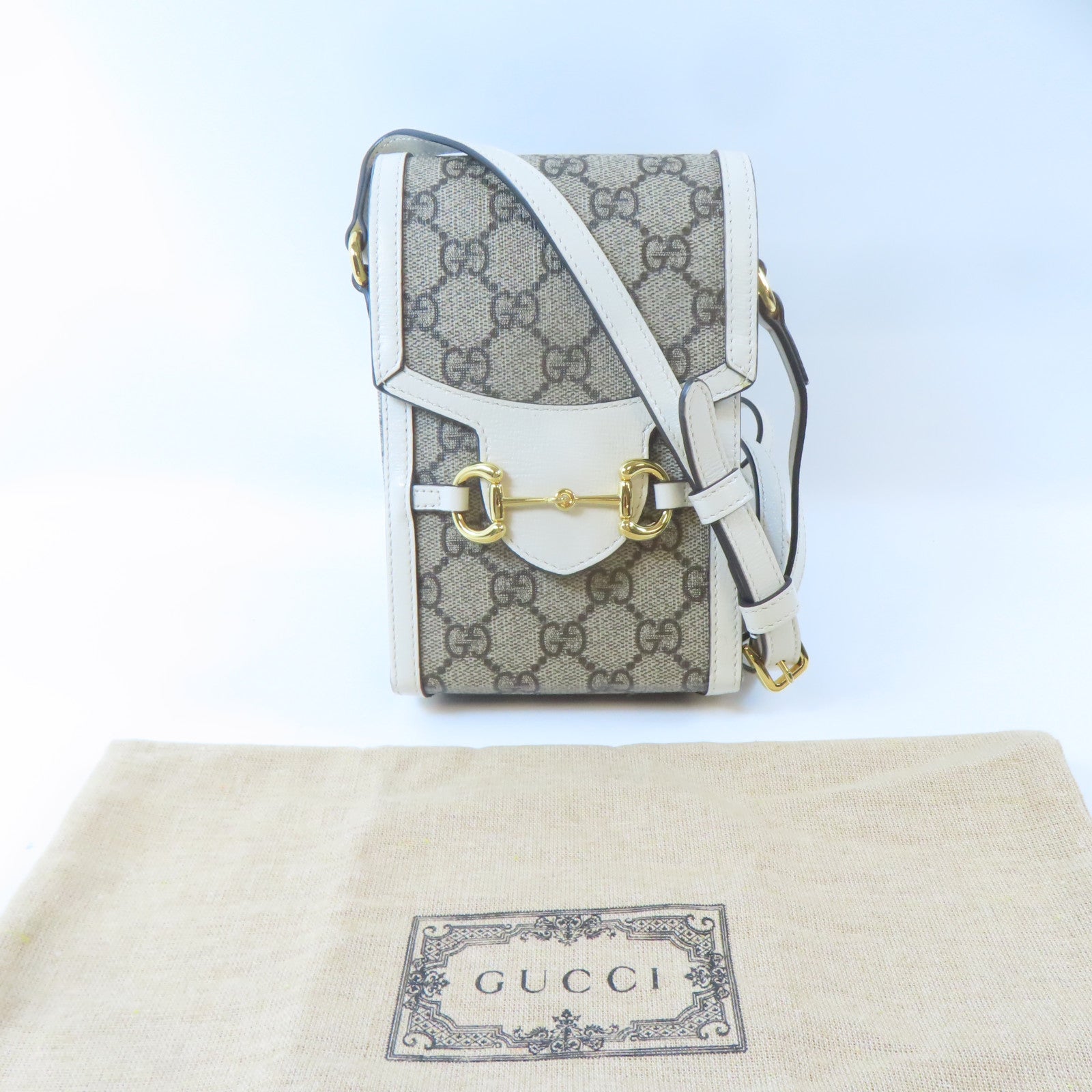 GUCCI 塗層帆布Horsebit 1955 Mini Bag金扣肩背袋啡色/白色