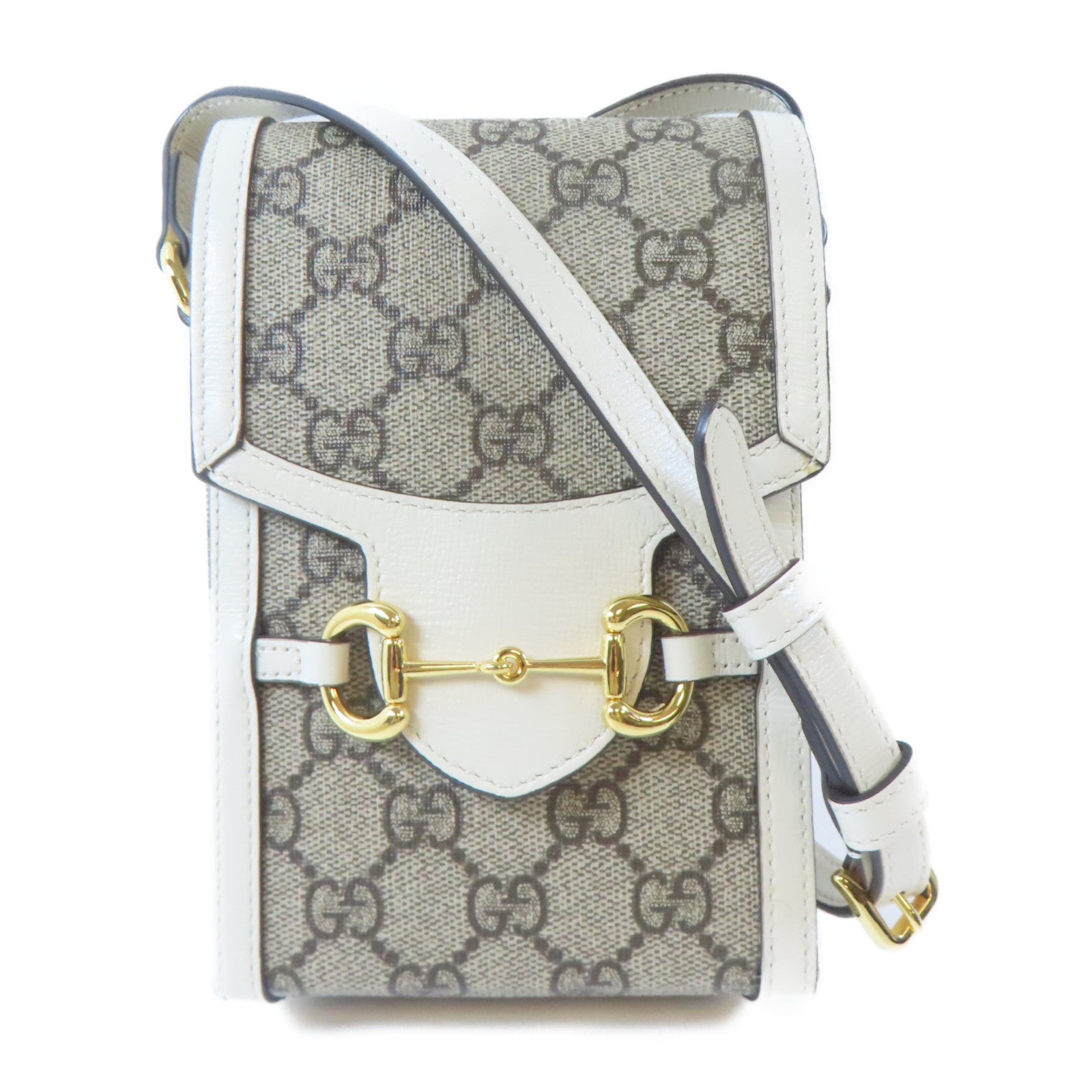 GUCCI 塗層帆布Horsebit 1955 Mini Bag金扣肩背袋啡色/白色