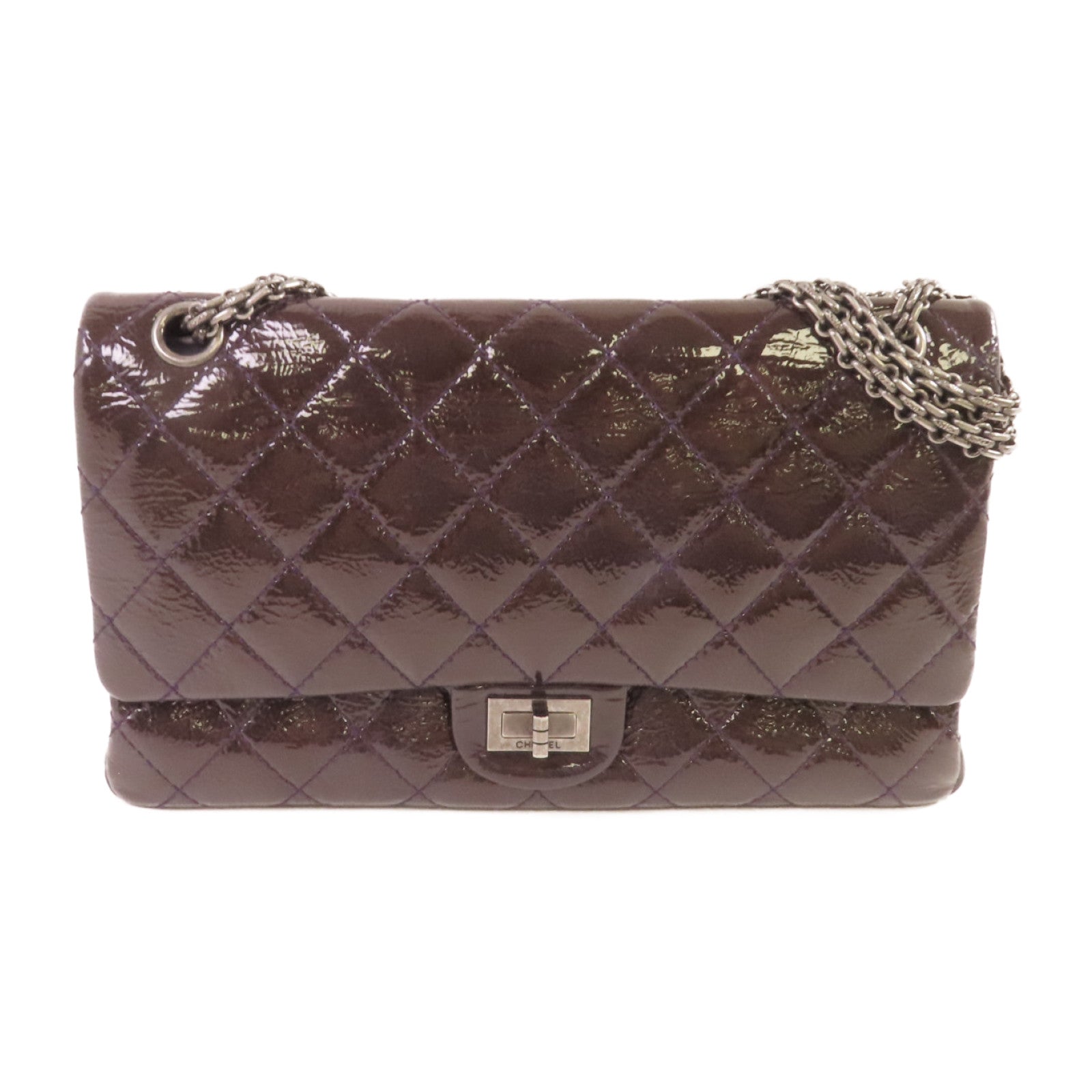 CHANEL 【激減優惠】菱格漆皮皮革2.55 Chain Shoulder Bag銀扣鏈帶肩背袋紫色