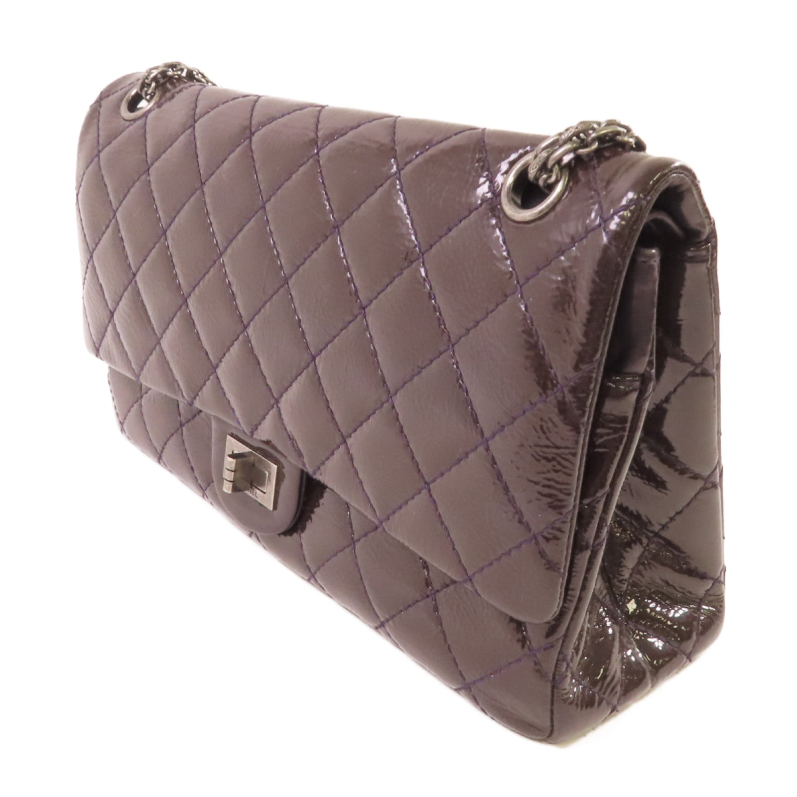 CHANEL 【激減優惠】菱格漆皮皮革2.55 Chain Shoulder Bag銀扣鏈帶肩背袋紫色