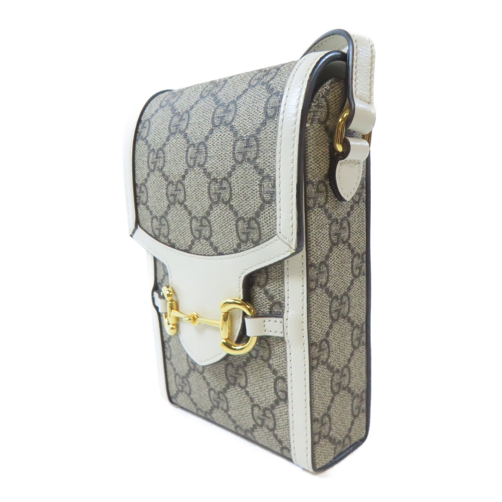 GUCCI 塗層帆布Horsebit 1955 Mini Bag金扣肩背袋啡色/白色