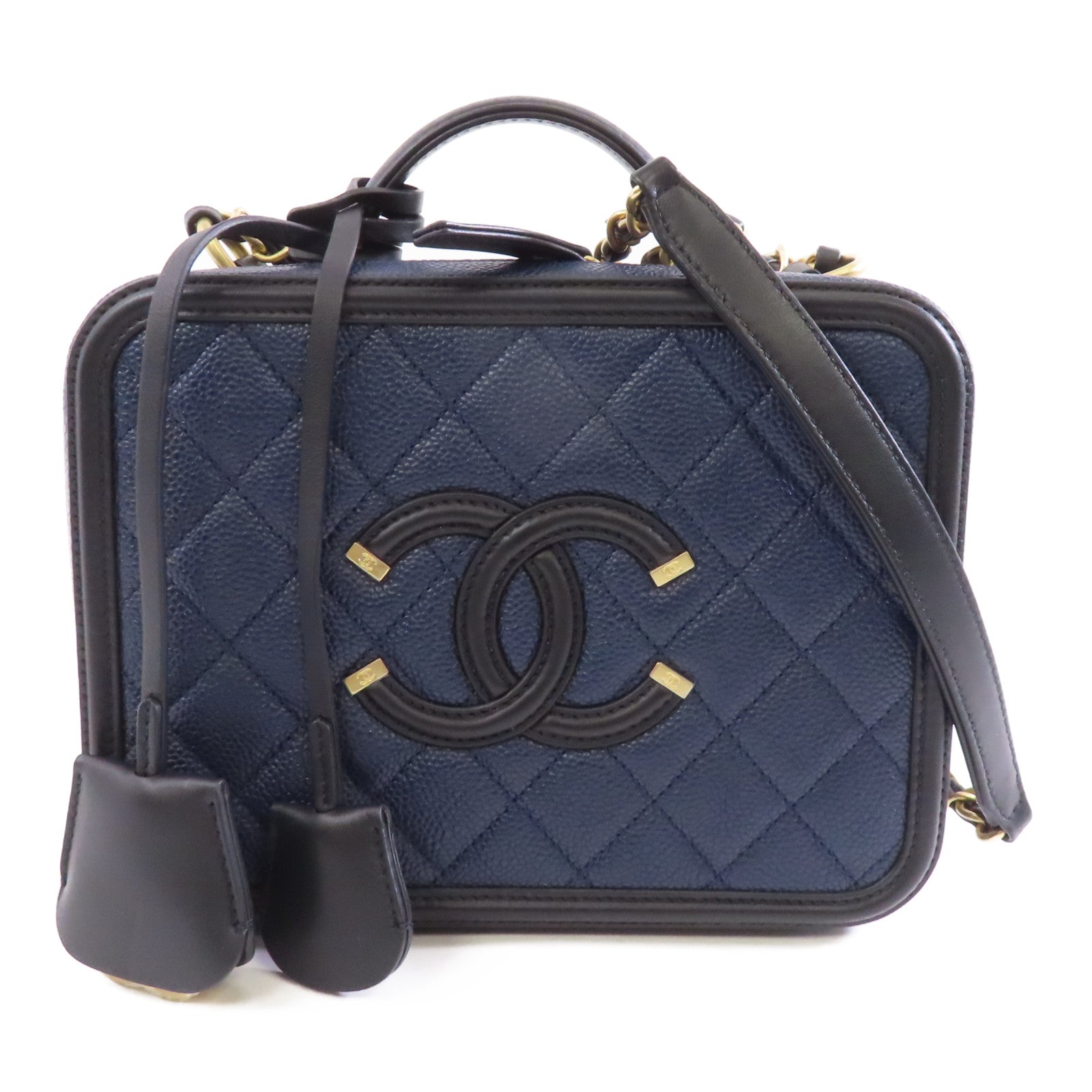 CHANEL Caviar皮革Vanity Case金扣手挽肩背兩用袋藍色