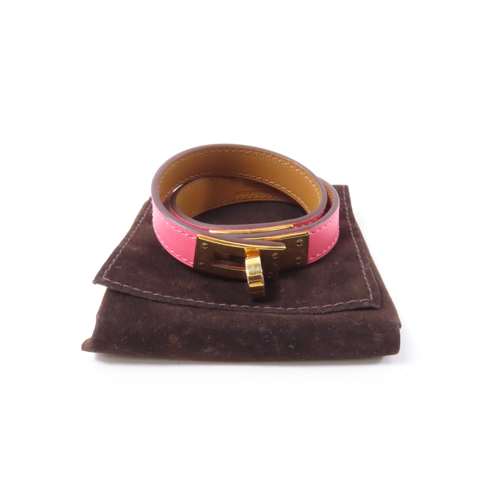 HERMES 【激減優惠】Swift皮革Double Tour Bracelet金扣手鐲粉紅色