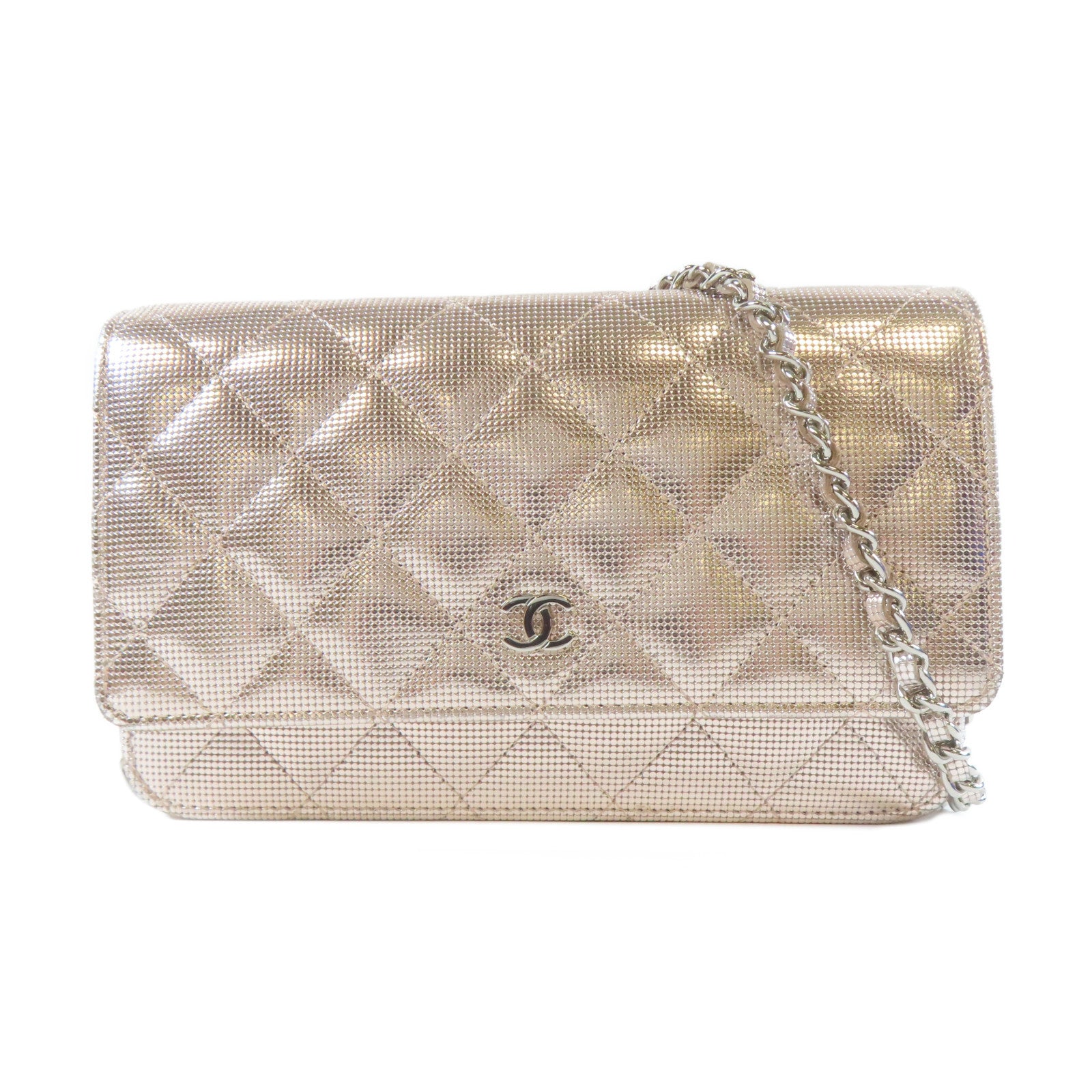 CHANEL 菱格皮革Wallet On Chain銀扣鏈帶肩背袋粉紅色