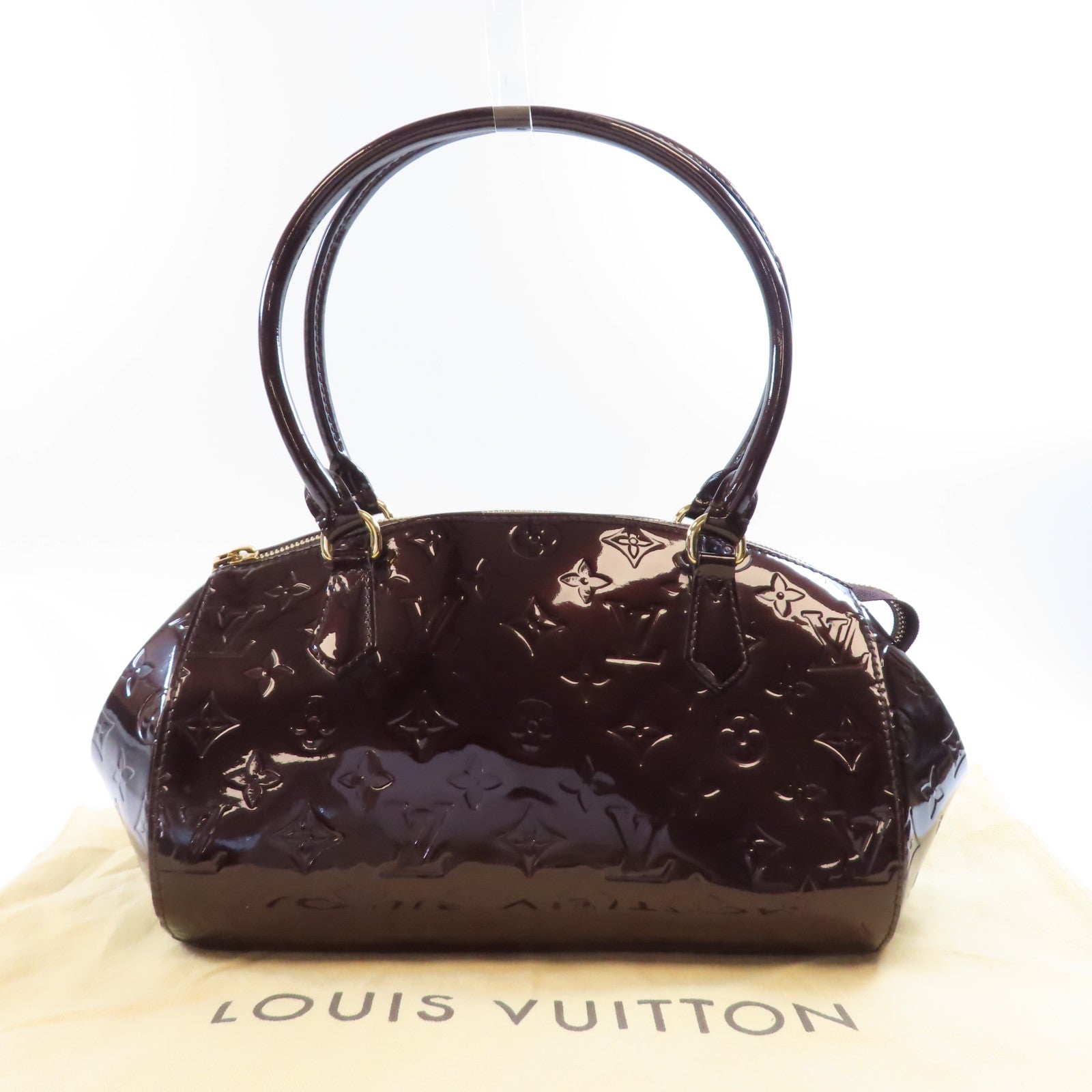 LOUIS VUITTON Monogram Vernis Sherwood PM金扣手挽袋酒紅色