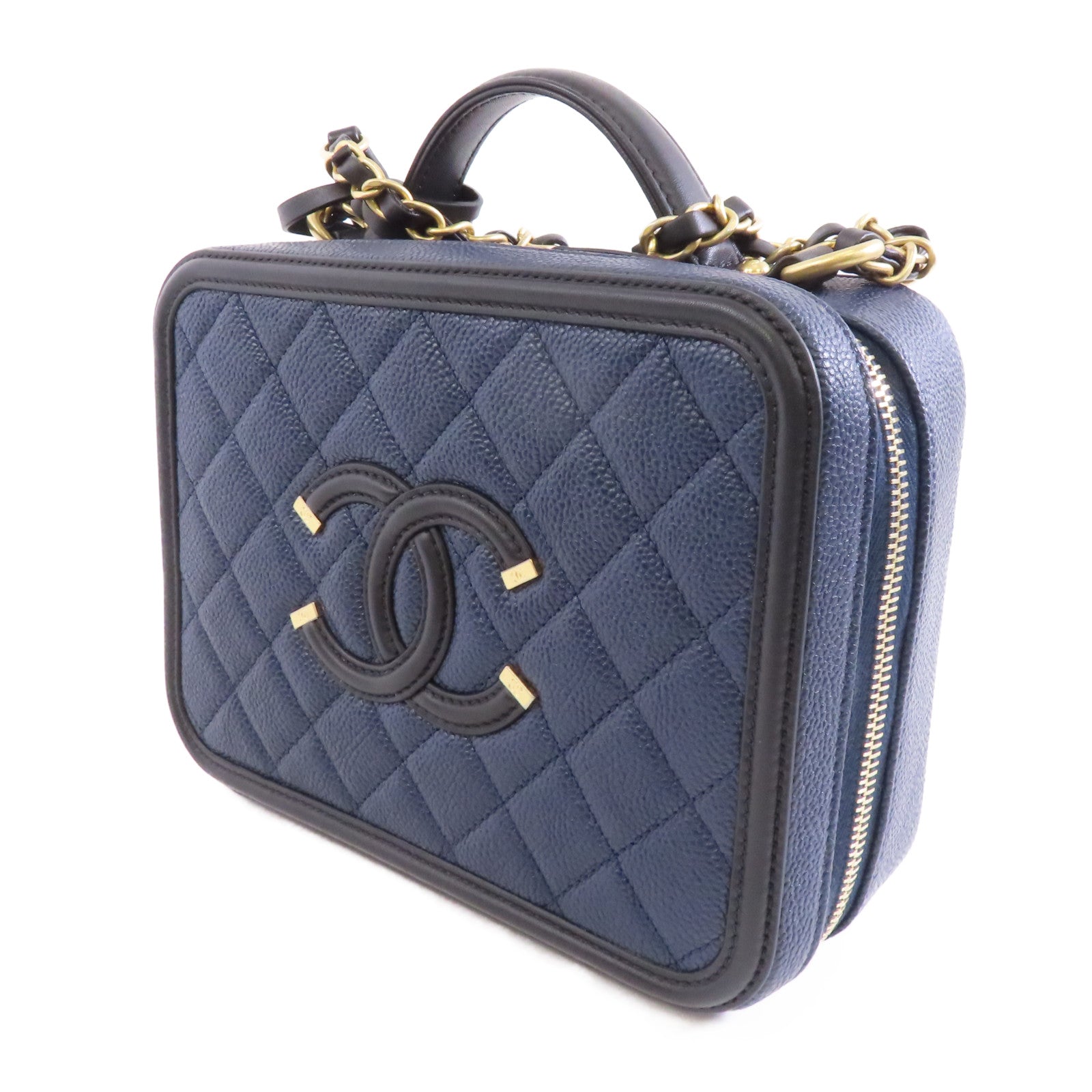CHANEL Caviar皮革Vanity Case金扣手挽肩背兩用袋藍色