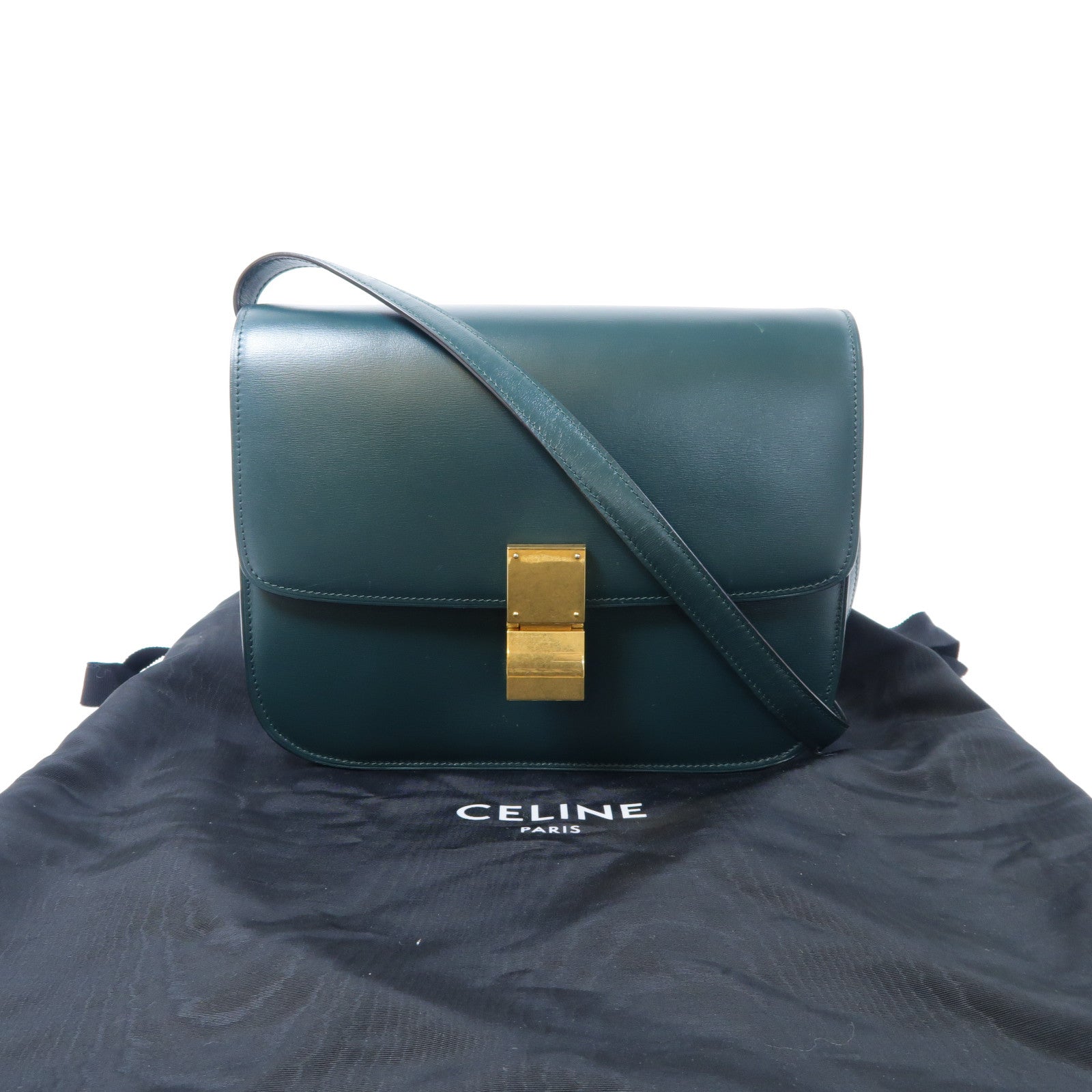 CELINE 【激減優惠】牛皮皮革Classic Box金扣肩背袋深綠色