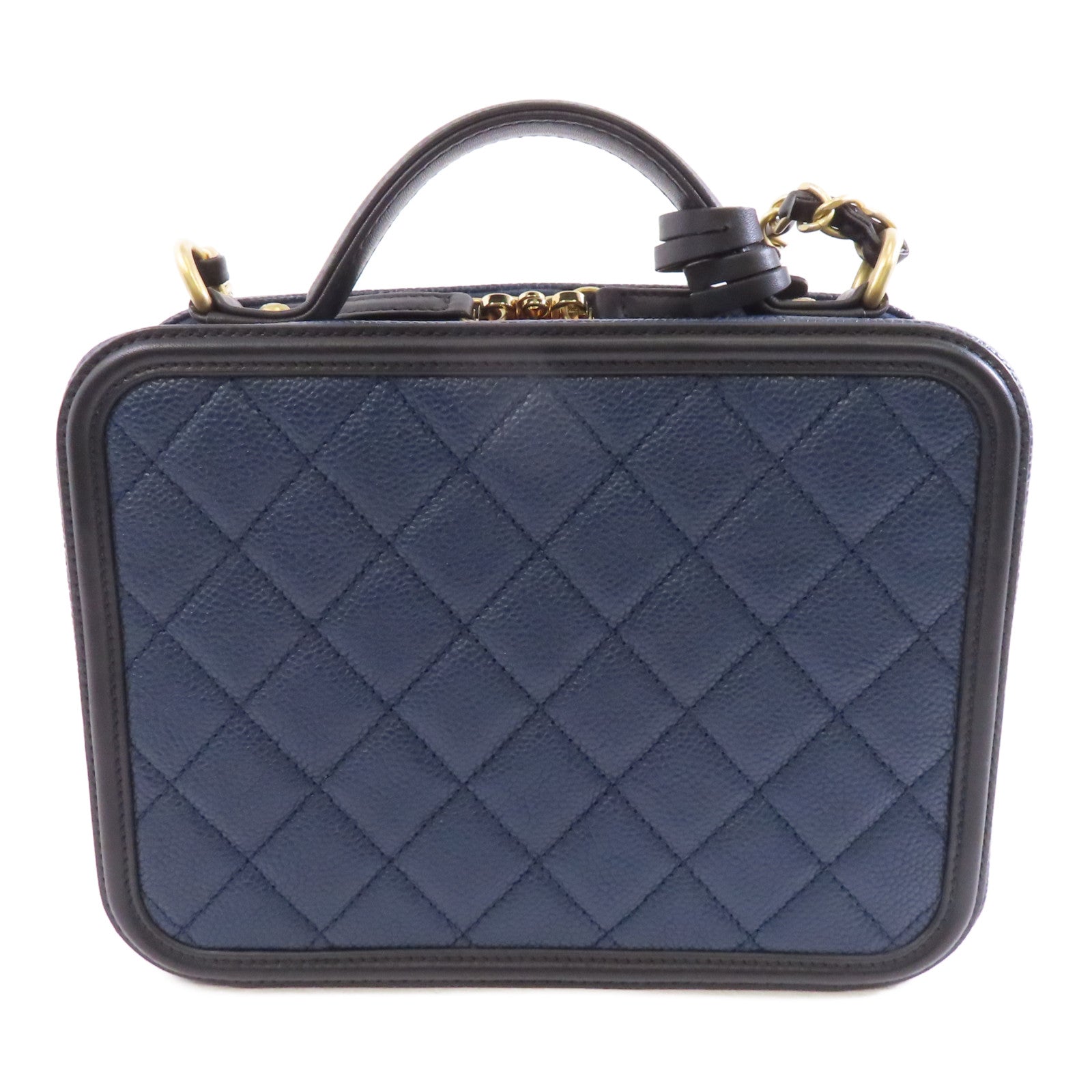 CHANEL Caviar皮革Vanity Case金扣手挽肩背兩用袋藍色