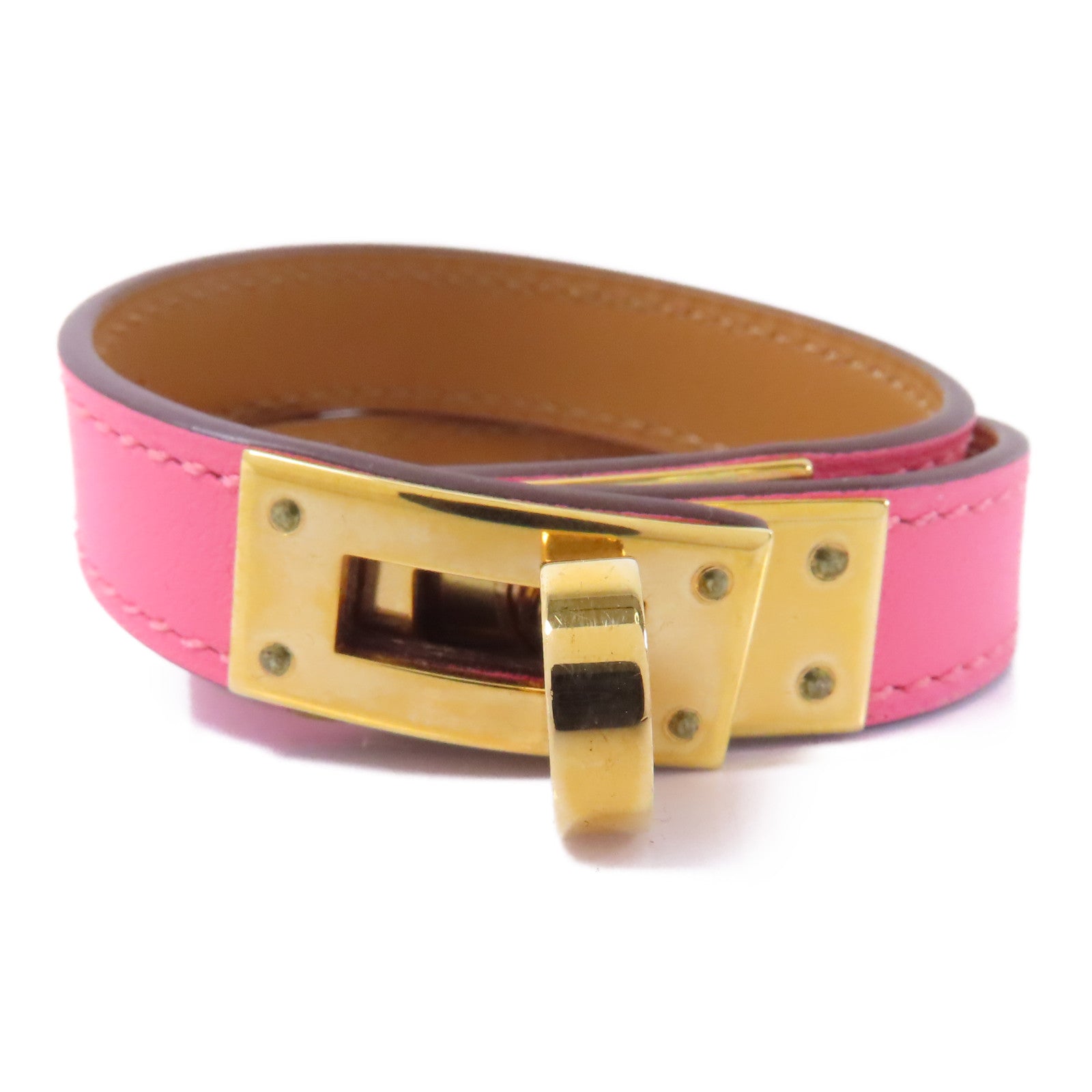 HERMES 【激減優惠】Swift皮革Double Tour Bracelet金扣手鐲粉紅色