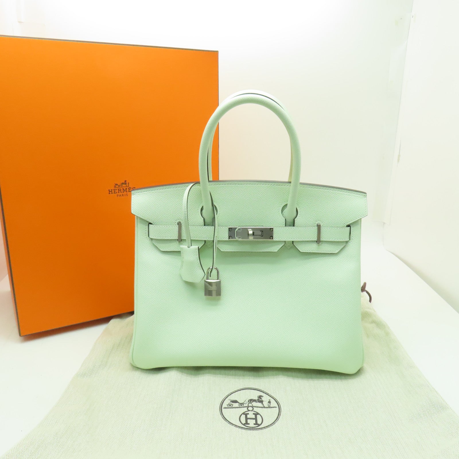 HERMES **【清倉大減價】Epsom皮革Birkin 30銀扣手挽袋Vert Fizz綠色
