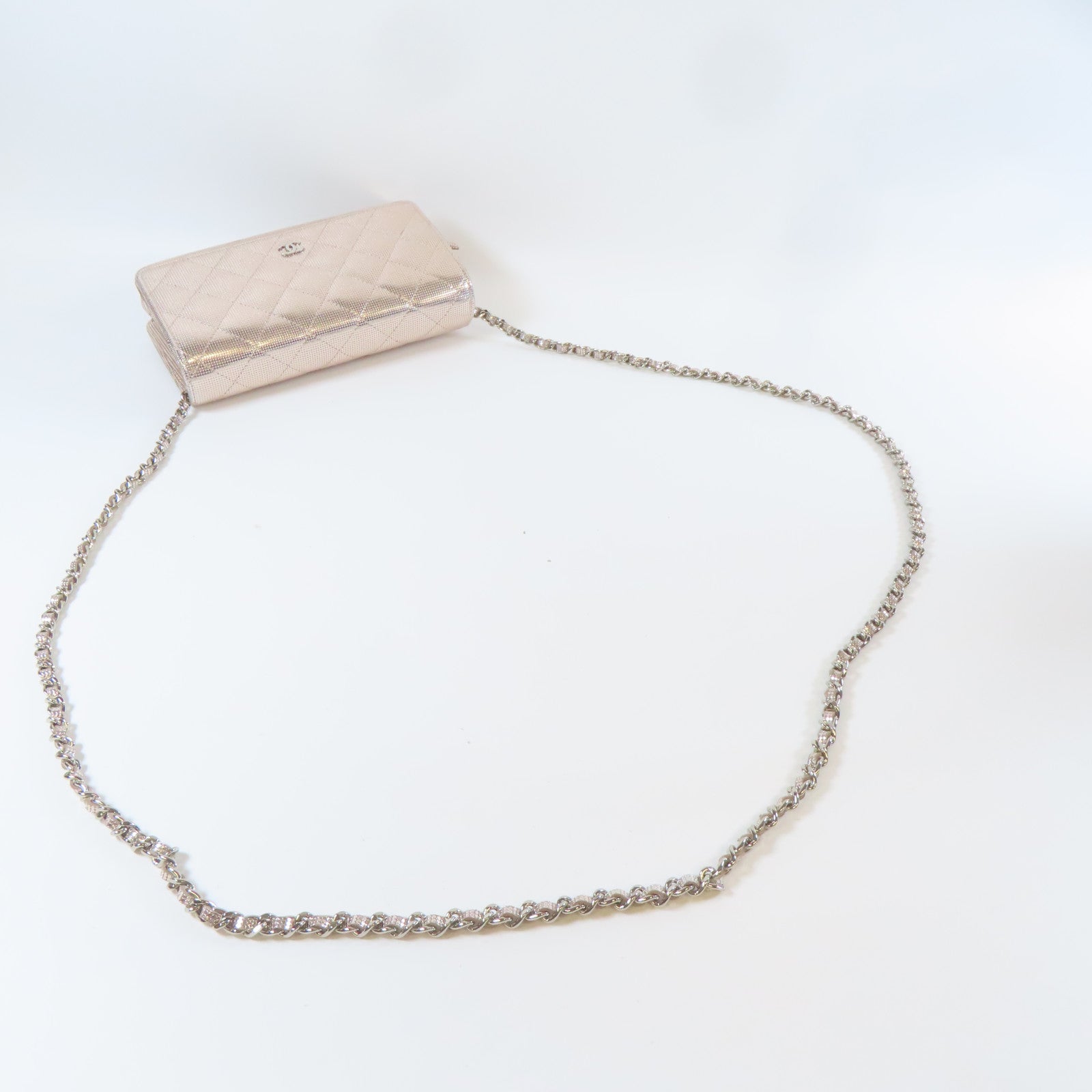 CHANEL 菱格皮革Wallet On Chain銀扣鏈帶肩背袋粉紅色
