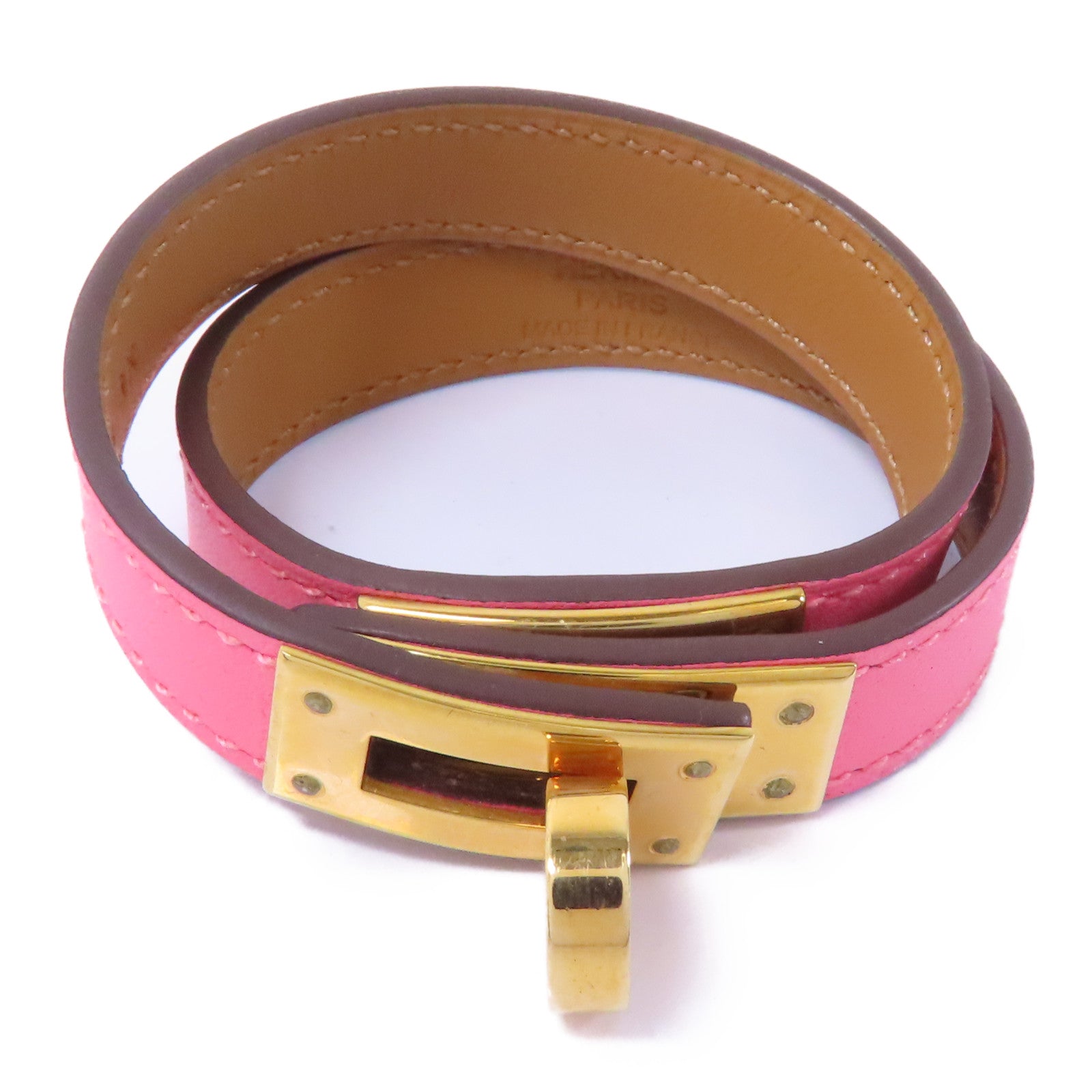HERMES 【激減優惠】Swift皮革Double Tour Bracelet金扣手鐲粉紅色