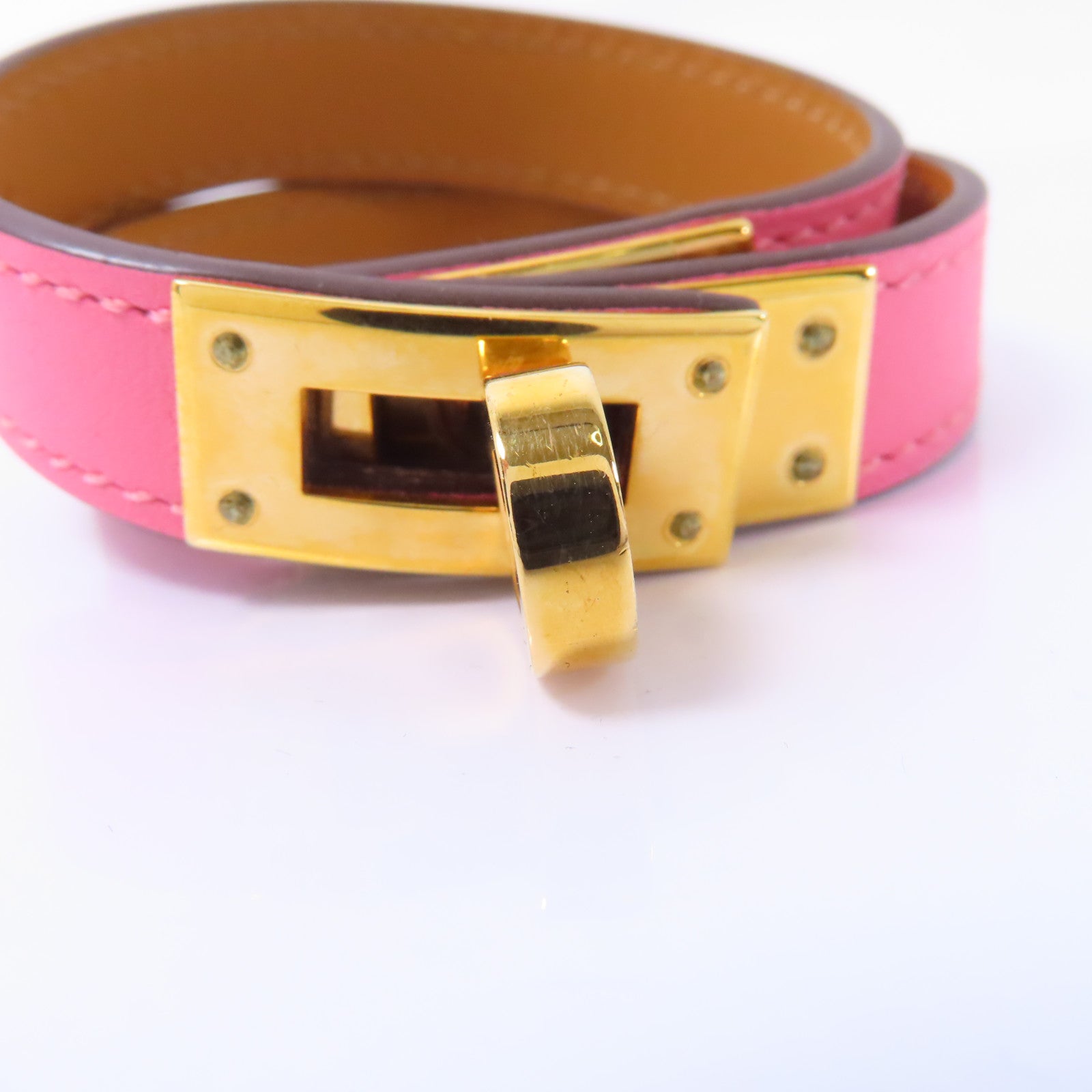 HERMES 【激減優惠】Swift皮革Double Tour Bracelet金扣手鐲粉紅色