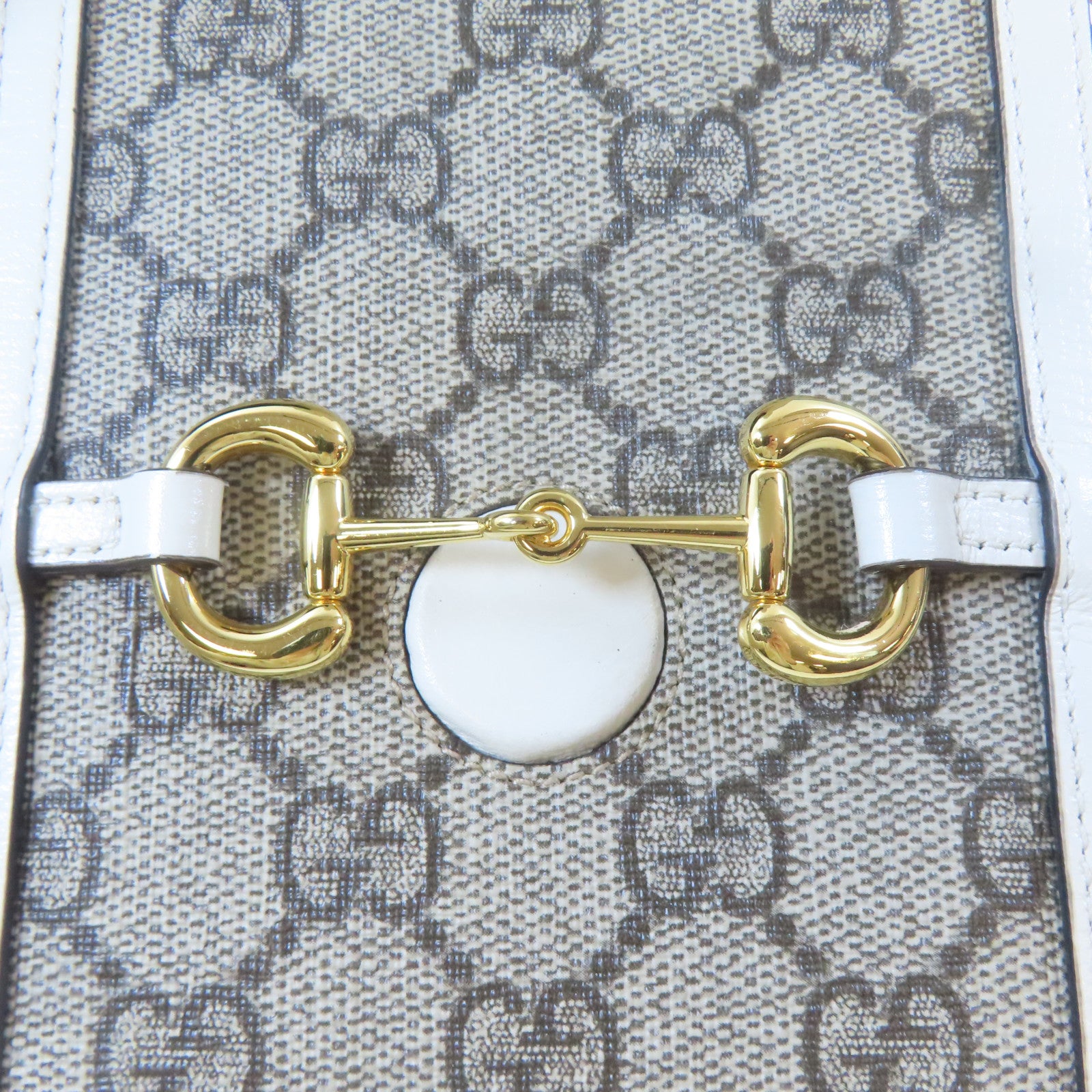 GUCCI 塗層帆布Horsebit 1955 Mini Bag金扣肩背袋啡色/白色