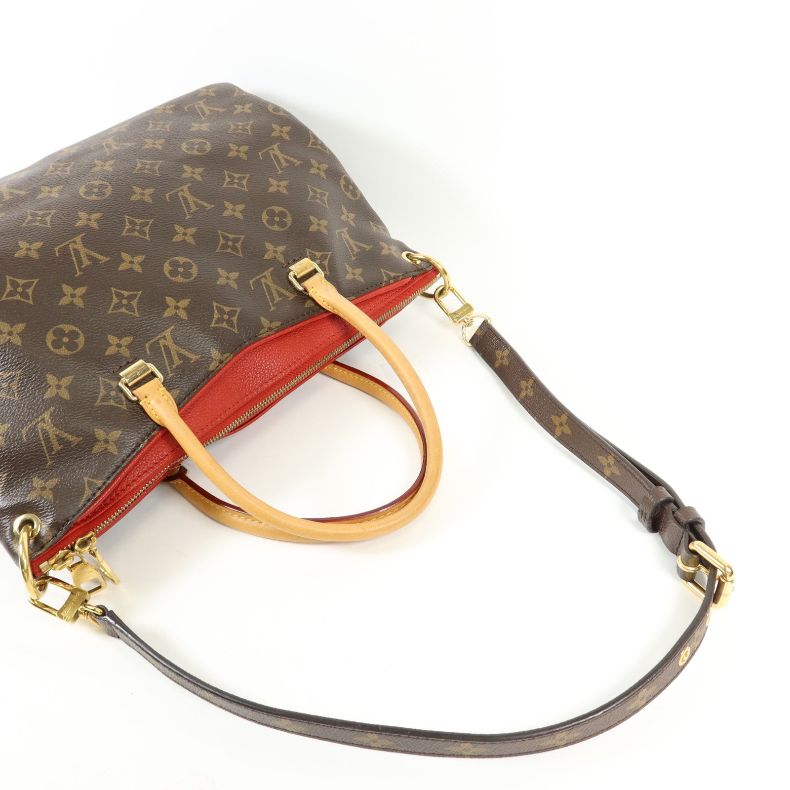 LOUIS VUITTON Monogram Pallas金扣手挽肩背兩用袋棕色/紅色