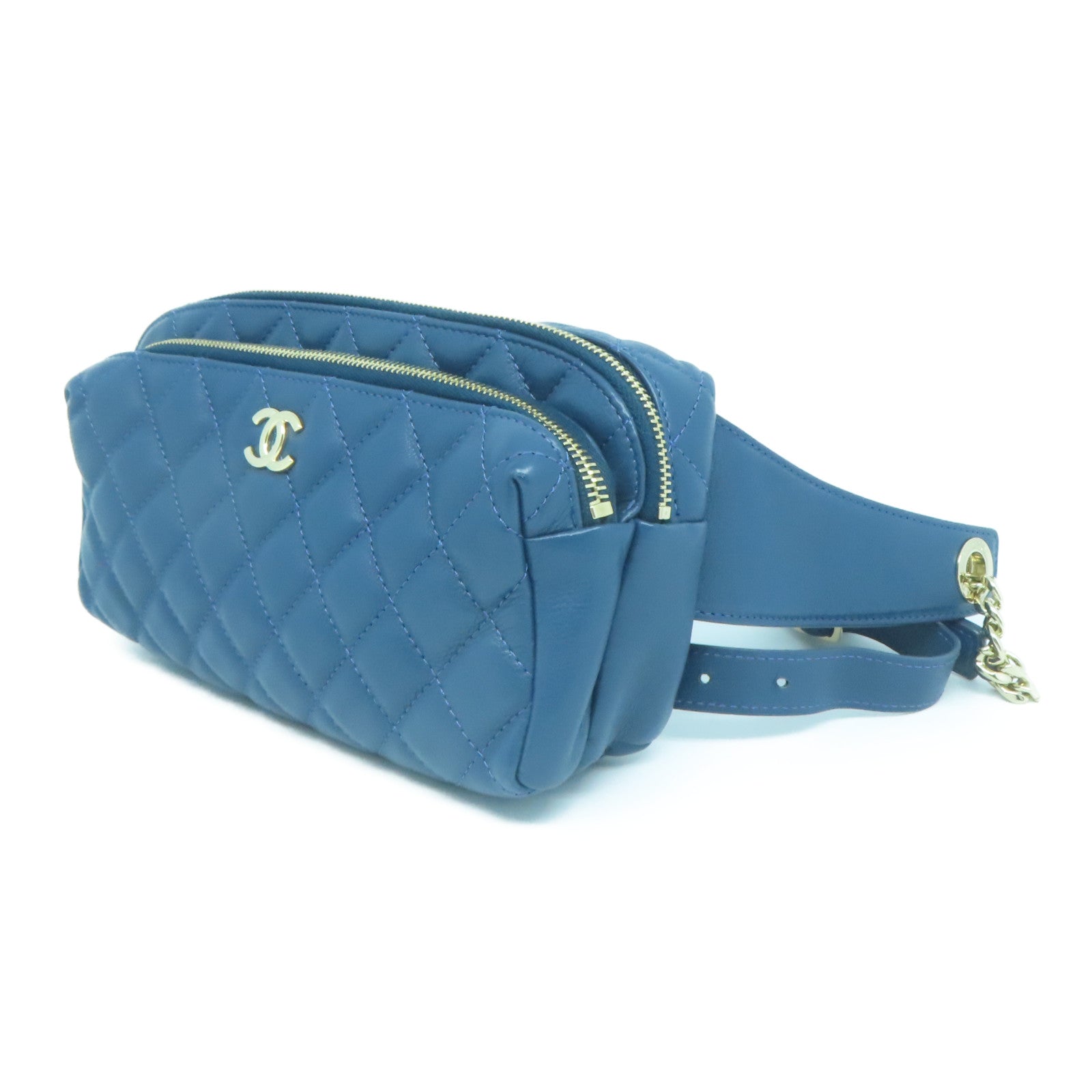 CHANEL 【激減優惠】菱格牛皮皮革Waist Bag金扣腰包藍色
