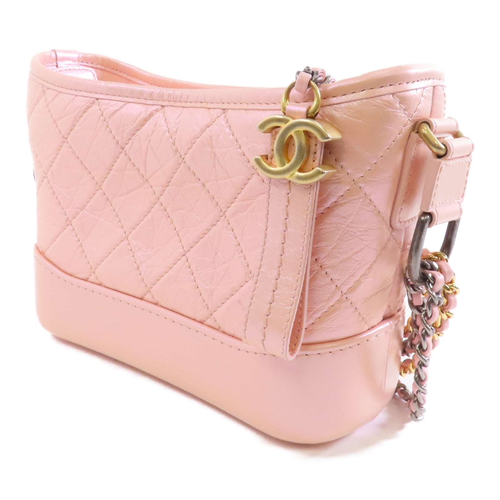 CHANEL Aged Calf皮革Gabrielle Small金扣/銀扣鏈帶肩背袋粉紅色
