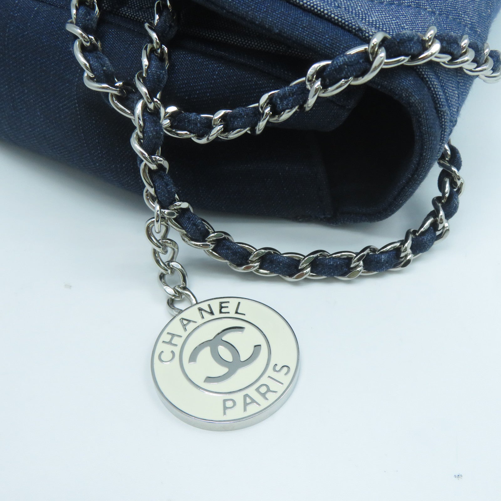 CHANEL 菱格牛仔布Chain Shoulder Bag銀扣鏈帶肩背包藍色