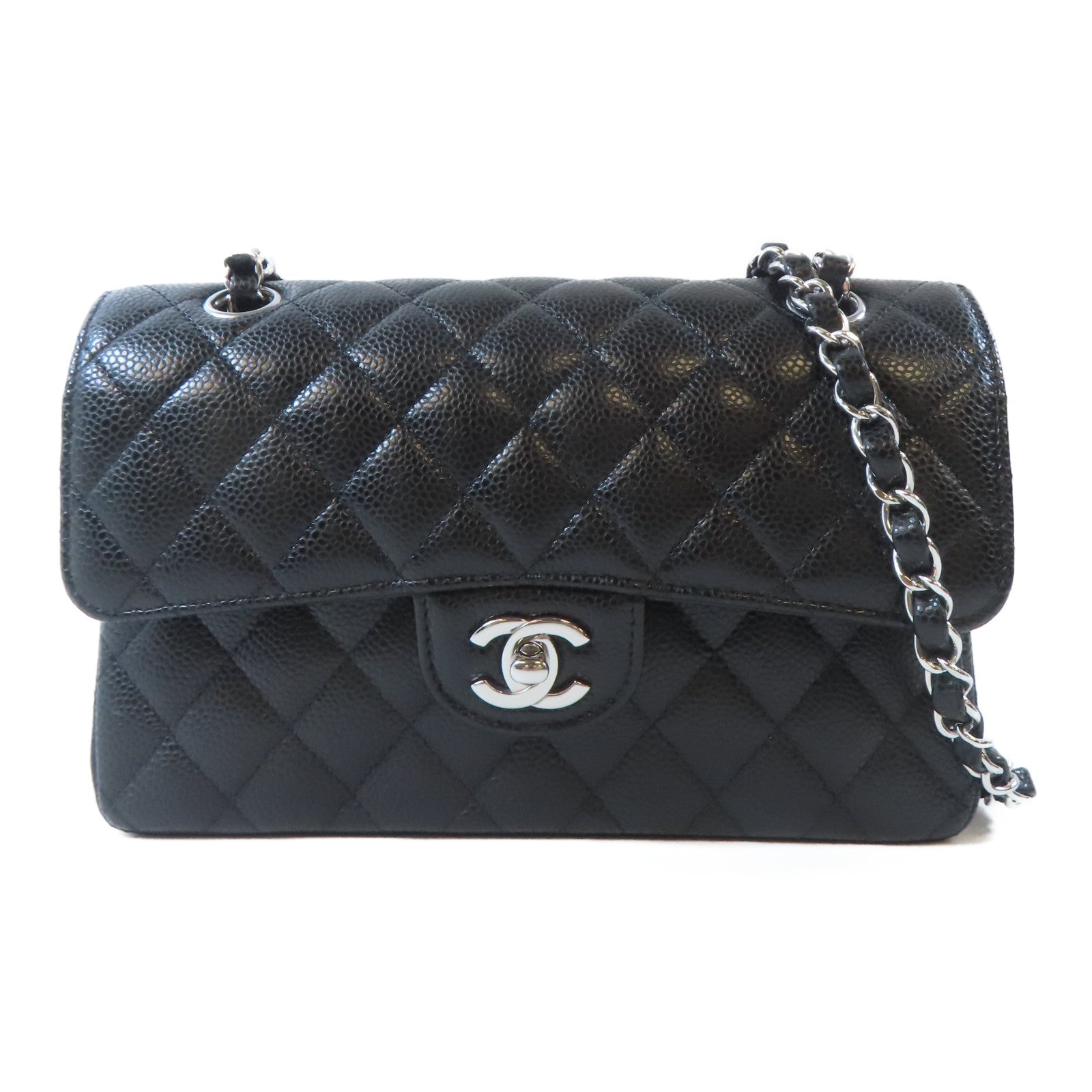 CHANEL 菱格牛皮皮革Classic 23銀扣鏈帶肩背袋黑色