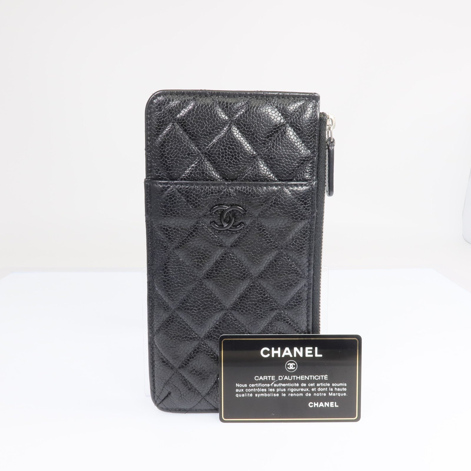 CHANEL 【激減優惠】牛皮皮革Phone Zipper Wallet銀扣長錢包