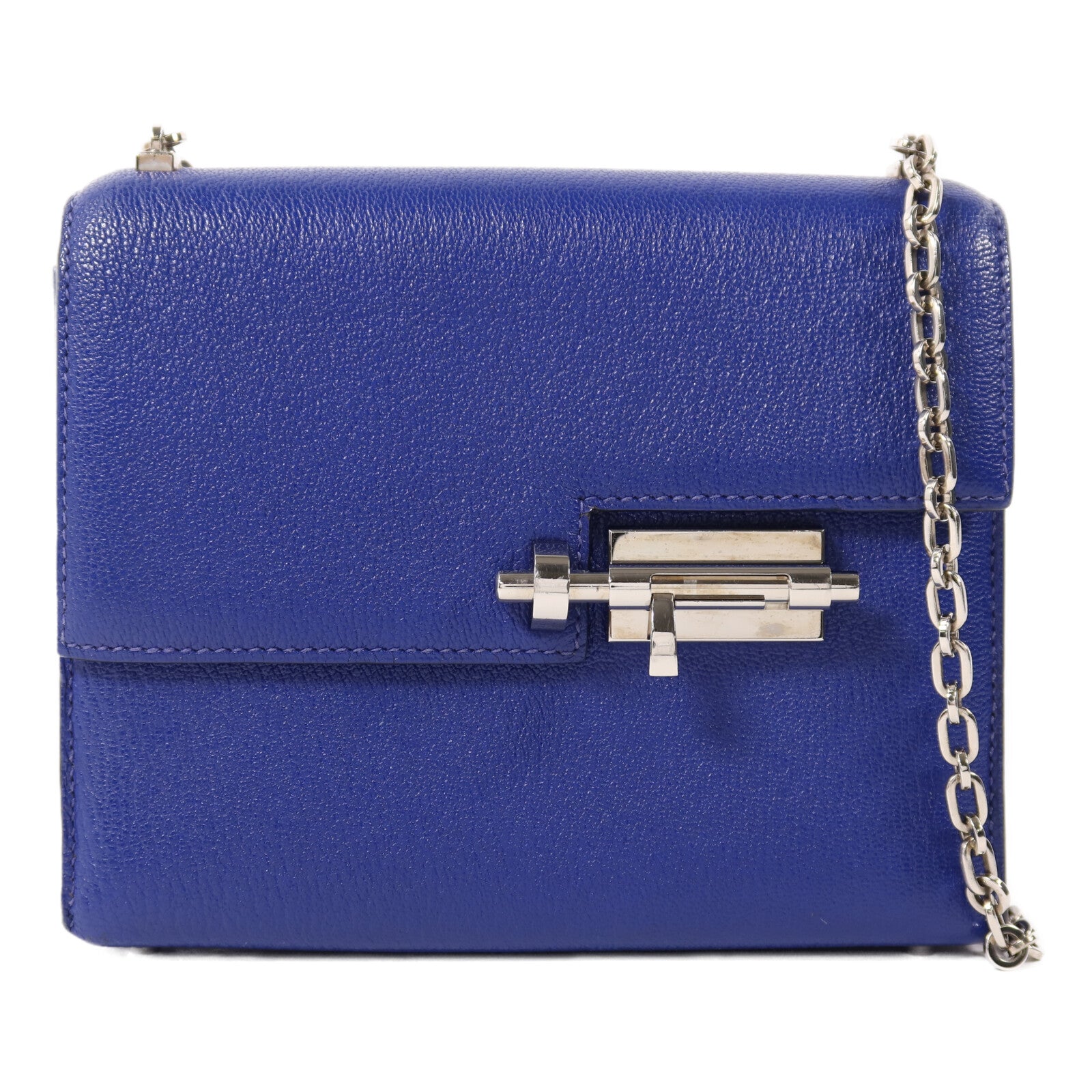 HERMES Chevre皮革Verrou Mini銀扣鏈帶肩背袋Bleu Electrique