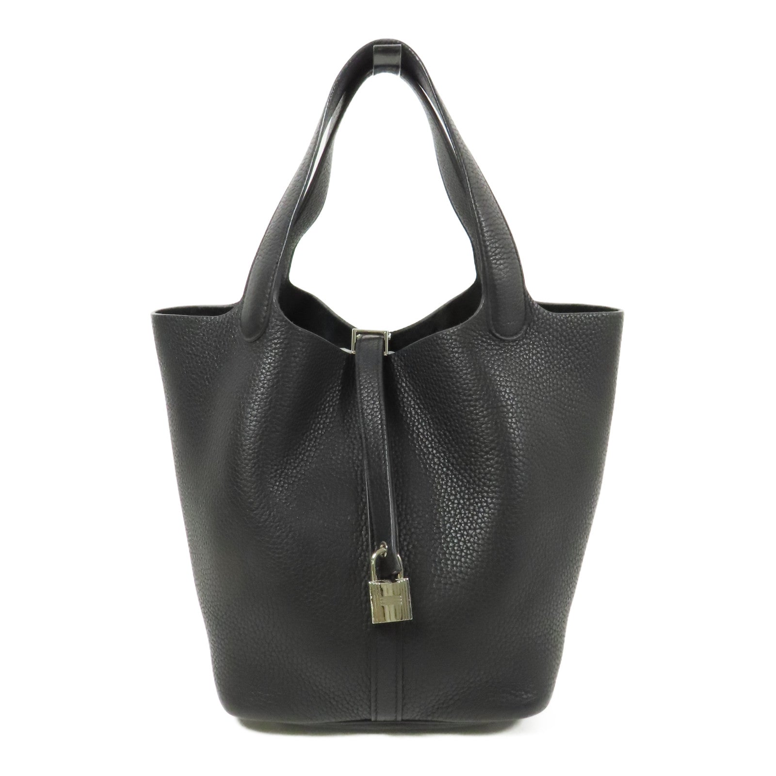 HERMES PHW Picotin MM Hand Bag/Bucket Tote Bag Clemence Leather Black