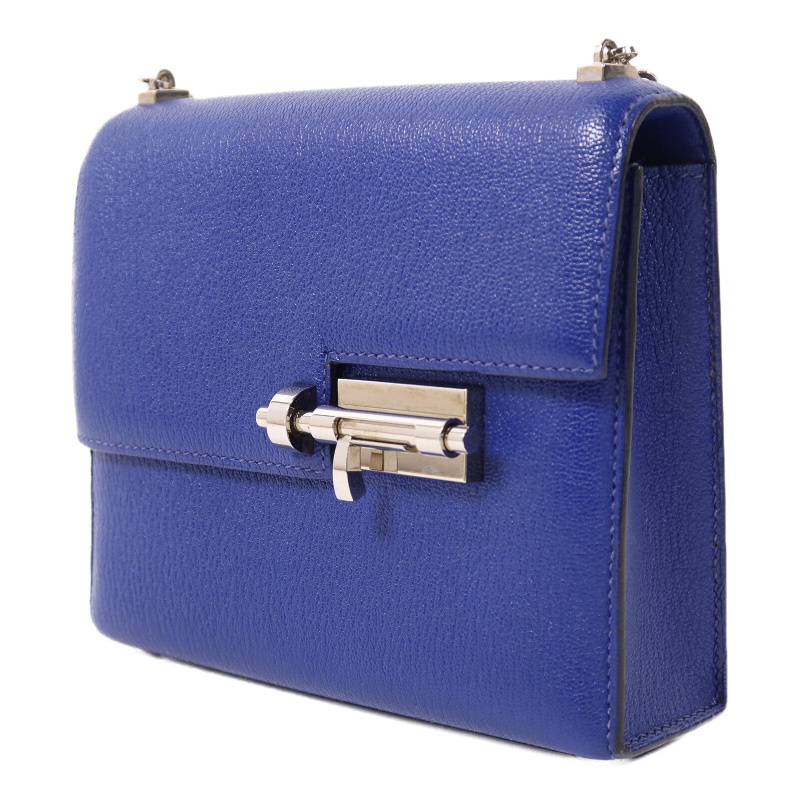HERMES Chevre皮革Verrou Mini銀扣鏈帶肩背袋Bleu Electrique