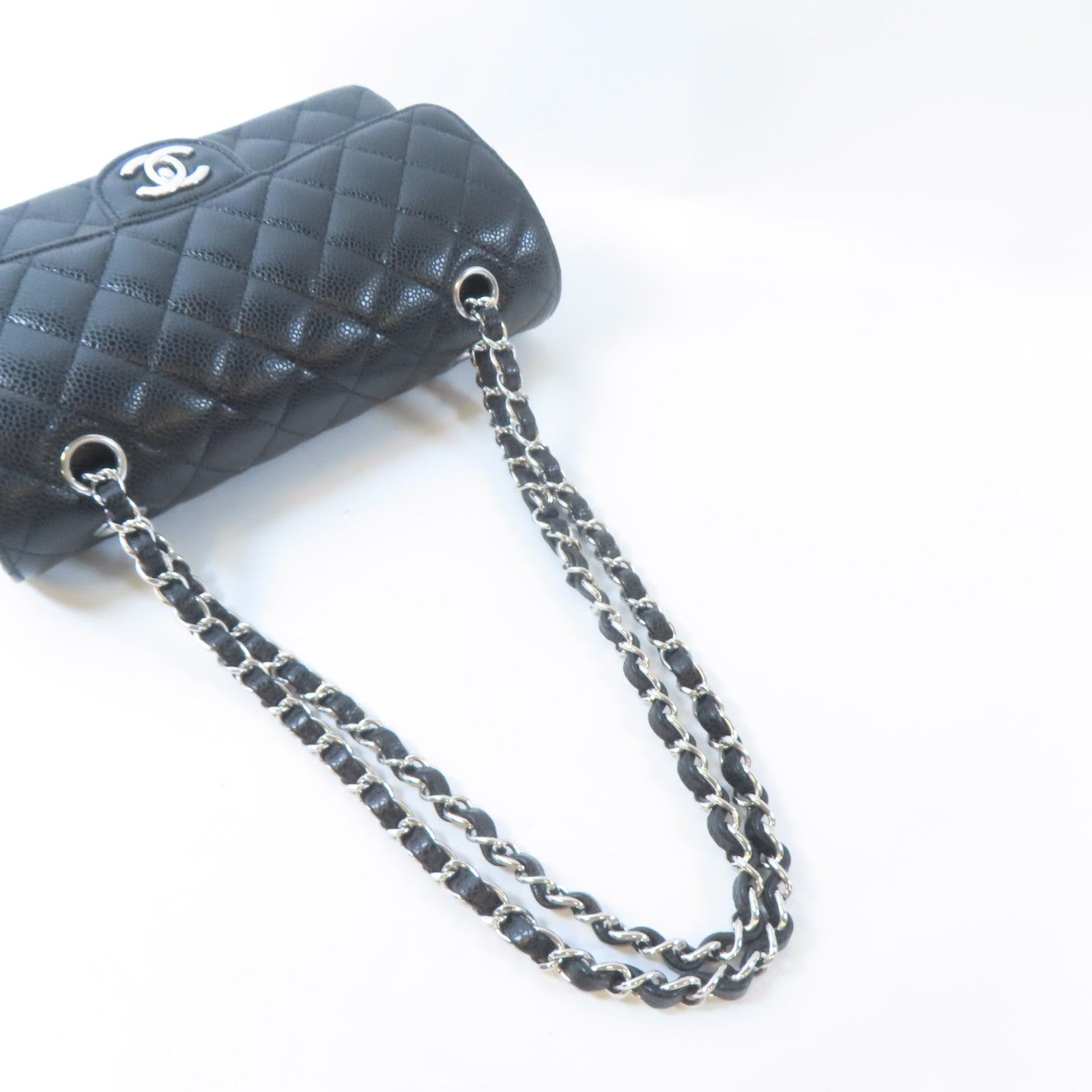 CHANEL 菱格牛皮皮革Classic 23銀扣鏈帶肩背袋黑色