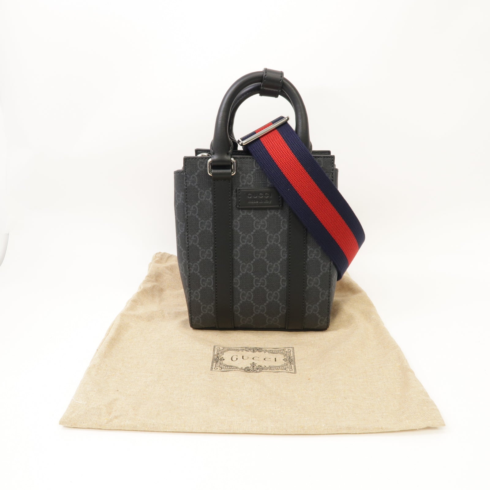 GUCCI 塗層帆布/皮革GG Supreme Mini Tote銀扣手挽肩背兩用袋黑色