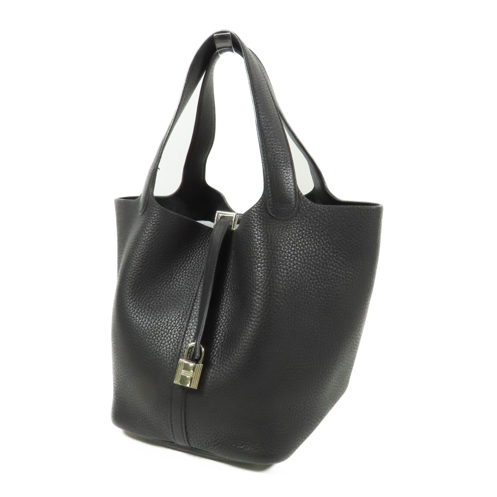 HERMES PHW Picotin MM Hand Bag/Bucket Tote Bag Clemence Leather Black