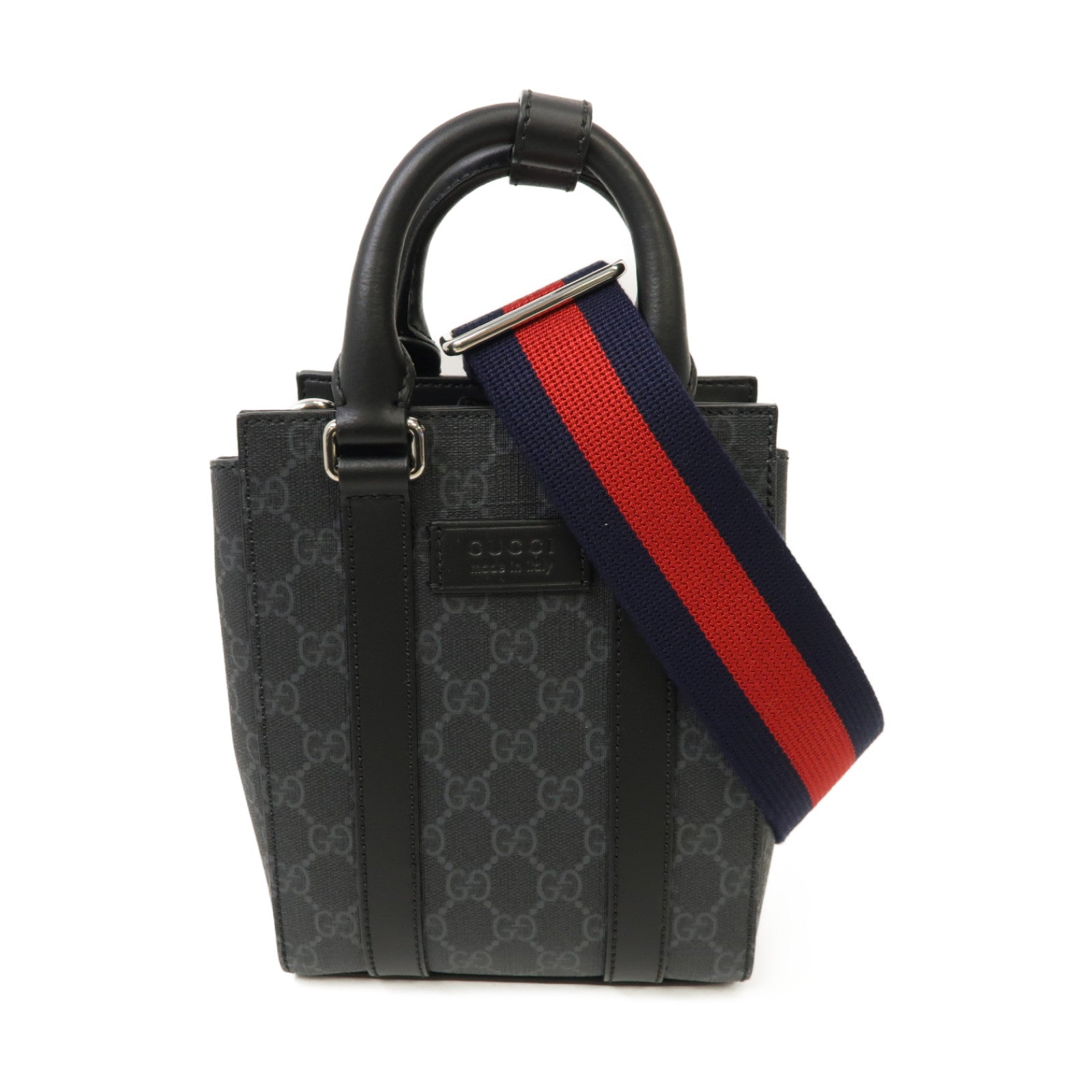 GUCCI 塗層帆布/皮革GG Supreme Mini Tote銀扣手挽肩背兩用袋黑色